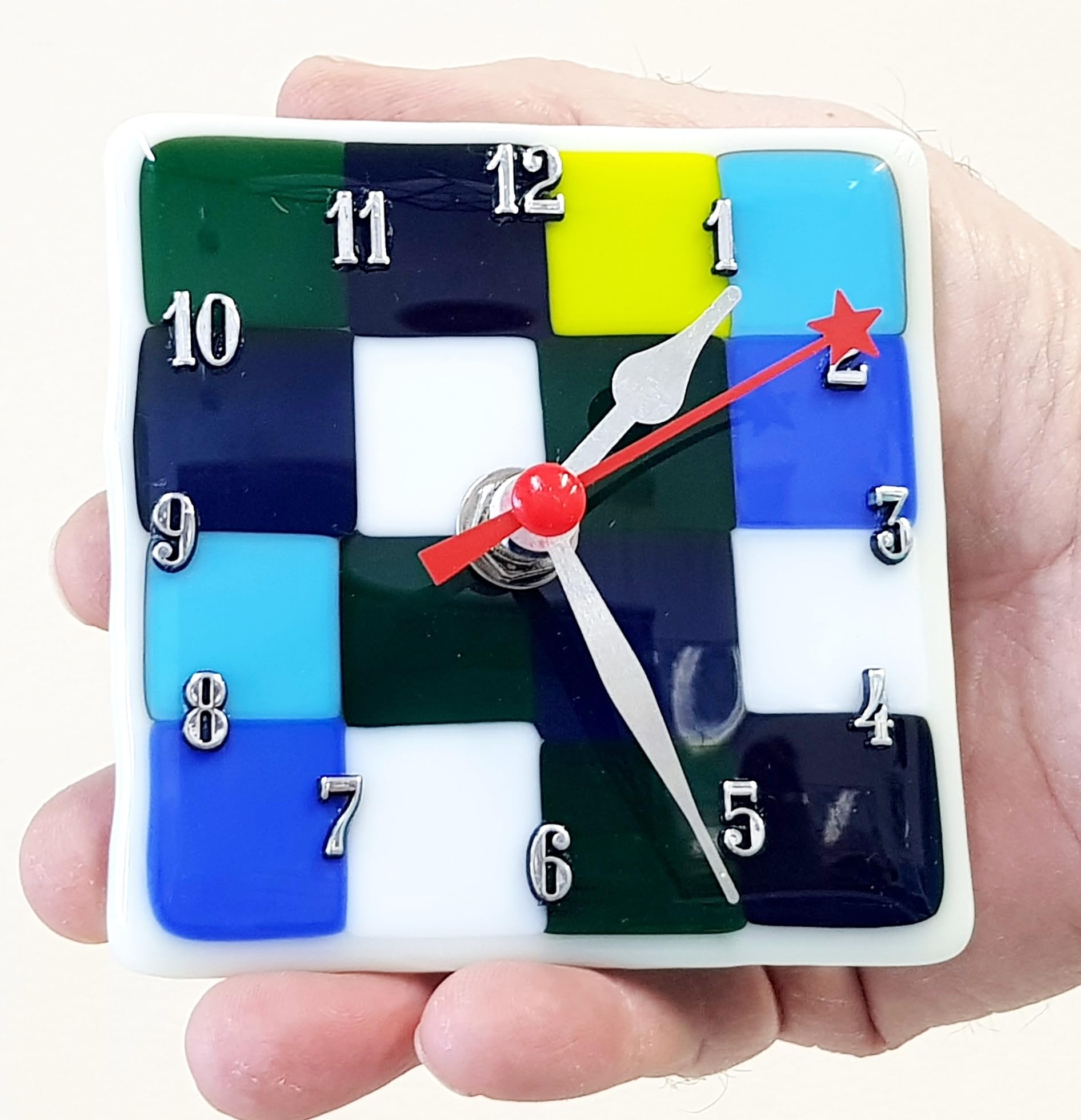 Small Silent White Glass Clock with Colorful Squares Fused Glass - Elegant Office Decor, Perfect Desk Accessory & Thoughtful Gift for Coworkers