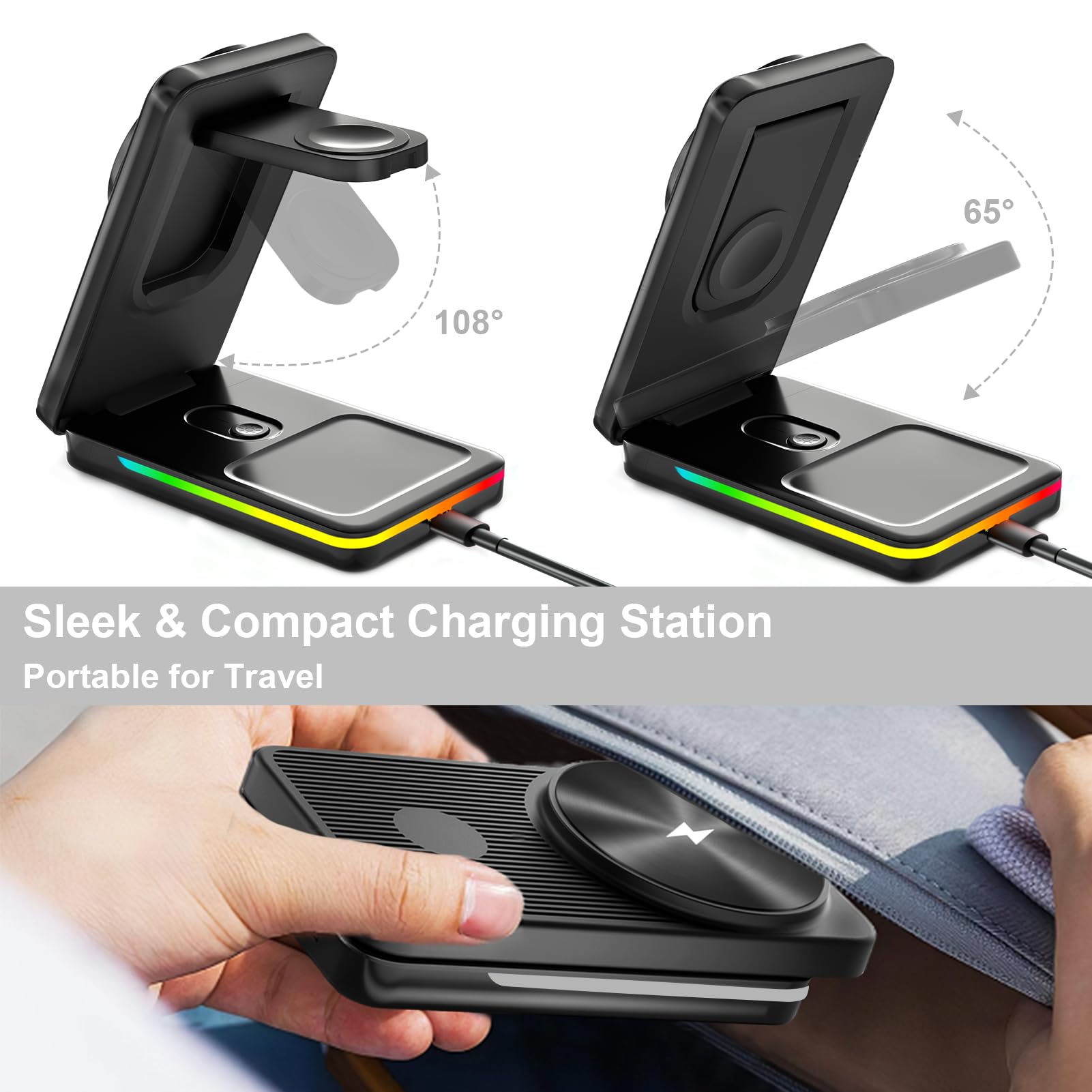 3-in-1 Magnetic Wireless Charging Station for iPhone 16 Pro Max/15/14/13/12, Apple Watch & AirPods - Foldable Fast Charger Stand for Bedside, Office & Travel | Qi-Certified Multi-Device Charging Pad