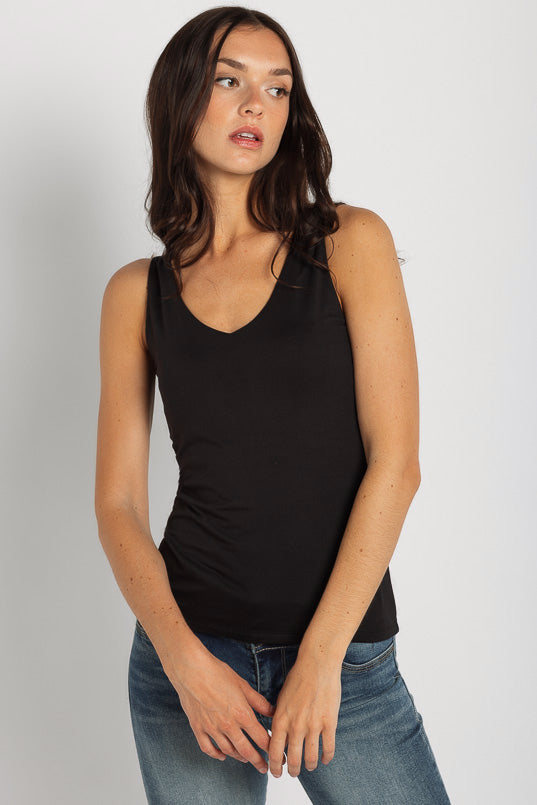 Double Brushed Sleeveless V Neck Women's T-Shirt - Soft Stretchy Comfort Fit Casual Top for Everyday Wear, Gym, or Lounge