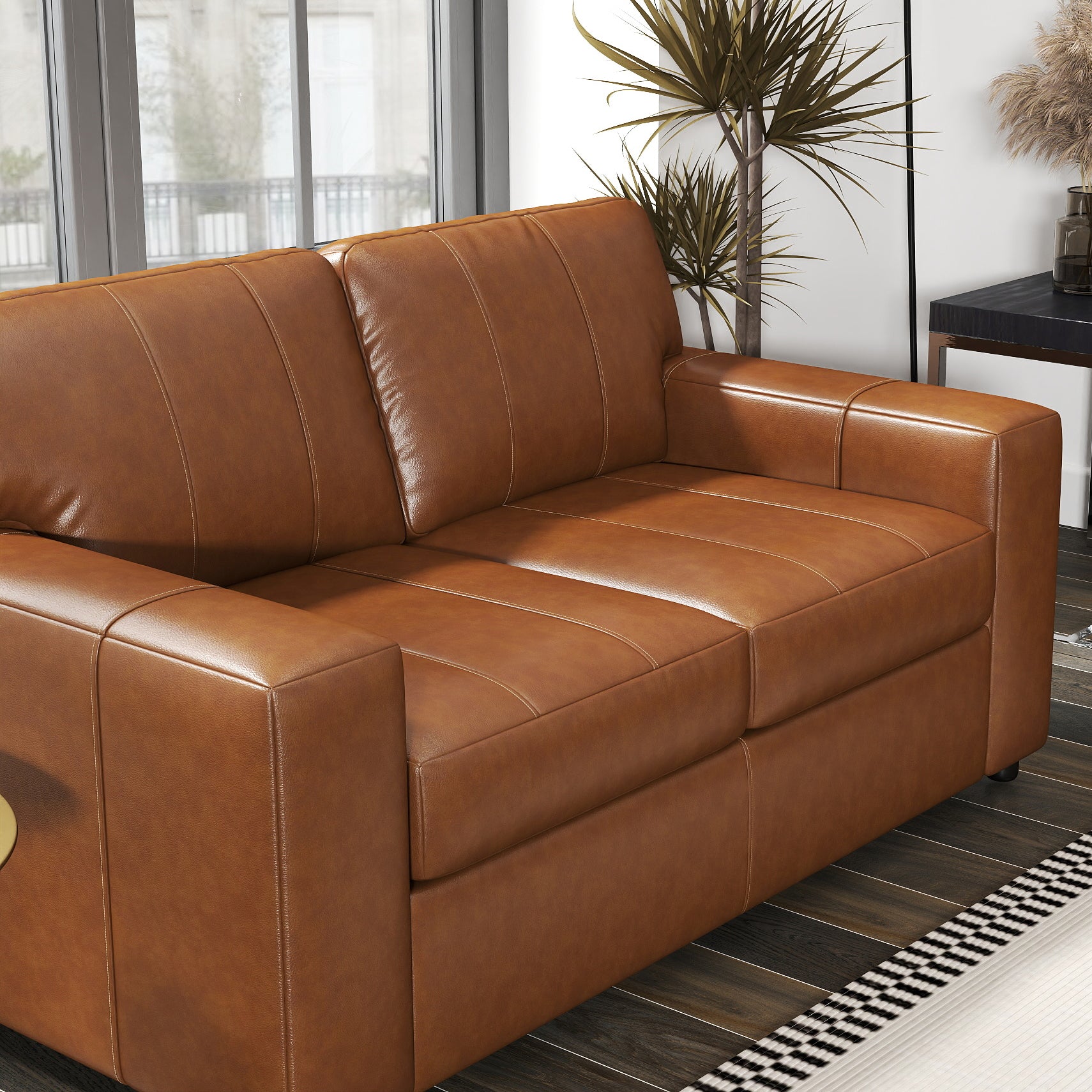 Roundhill Furniture Sakan Genuine Leather Upholstered Loveseat Sofa - Modern Two-Seater for Living Room, Lounge & Office