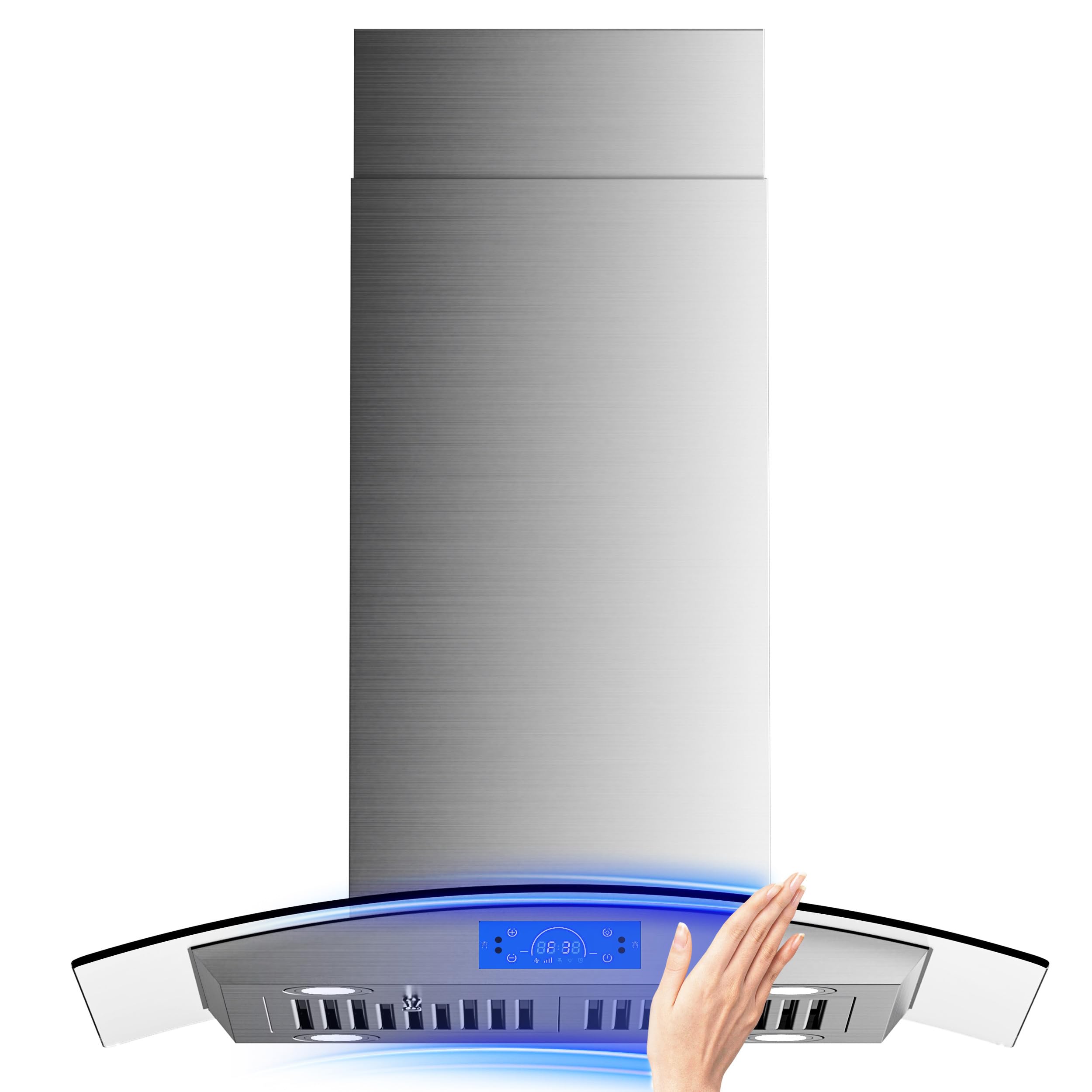 **FIREGAS 30-Inch Island Range Hood 700 CFM - Stainless Steel Chimney Mount Kitchen Vent Hood with Tempered Glass, 4 LED Lights, Permanent & Charcoal Filters, Touch Control Panel - Perfect for Open Kitchen & Modern Home Cooking**