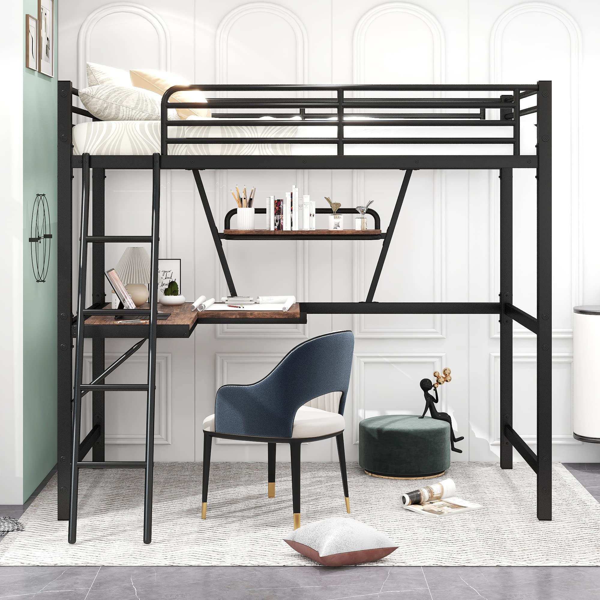 KLMM Modern Twin Size Loft Metal & MDF Bed with Built-in Desk and Shelves - Space Saving Study Bed for Teens & Adults - Perfect for Small Bedrooms, Dorm Rooms & Studio Apartments (Black)