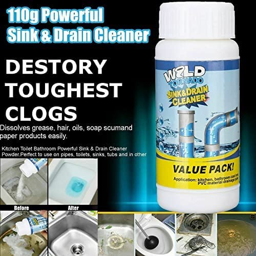**MeeTo Powerful Drain Cleaner Powder - Fast Acting Sink & Toilet Clog Remover - 110 GM - Unclog Drains, Pipes & Toilets for Home & Kitchen Use**