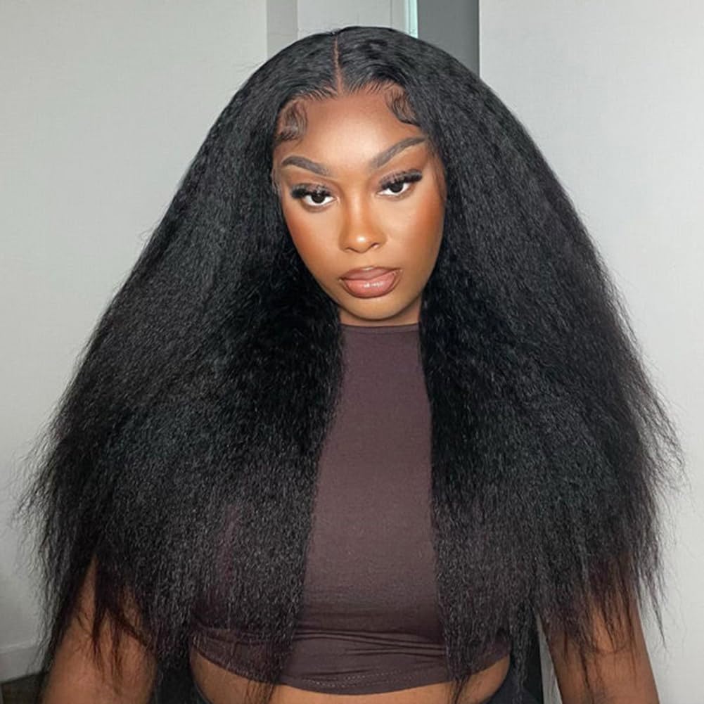 ISEE Wear and Go Glueless Wigs Human Hair - Pre Plucked Kinky Straight Lace Front Wigs with 4X6 HD Lace Closure - No Glue Yaki Straight Human Hair Wigs for Women (22 Inch) - Perfect for Daily Wear, Cosplay & Protective Styling