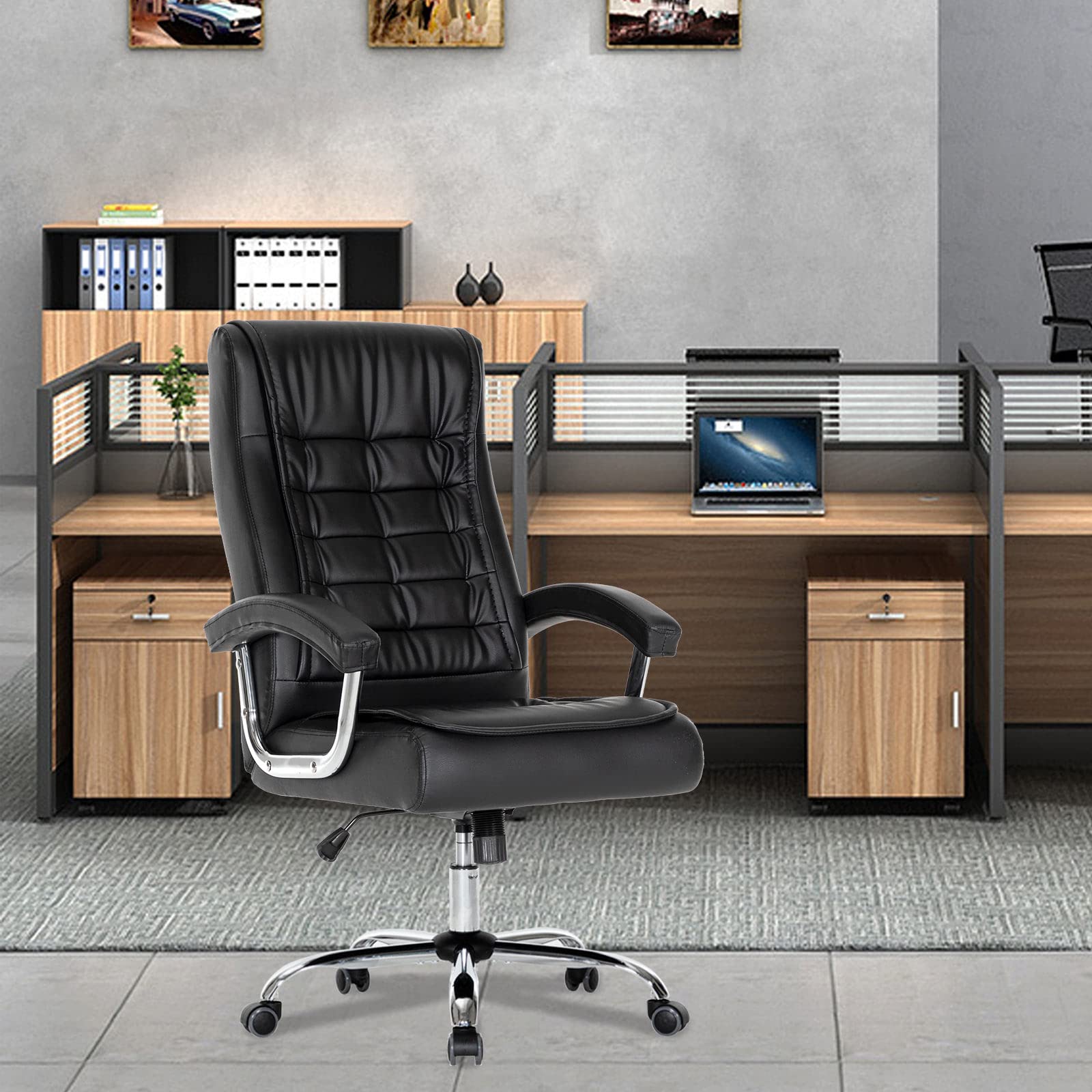 Premium Ergonomic Executive Office Chair - Adjustable High Back Leather Swivel Chair with Padded Seat & Armrests - 350lbs Weight Capacity - Spring Support Computer Desk Chair for Home Office (Black) - Perfect for Long Work Hours & Video Conferencing