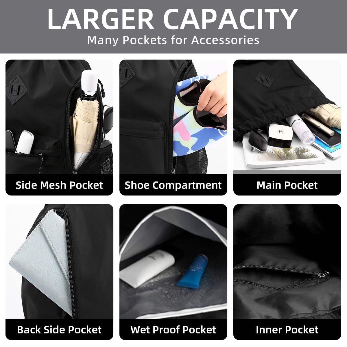 Valleycomfy Waterproof Gym Backpack for Men & Women - Lightweight Sports Bag with Drawstring & Side Pocket - Perfect for Workout, Travel & Outdoor Activities (Black)