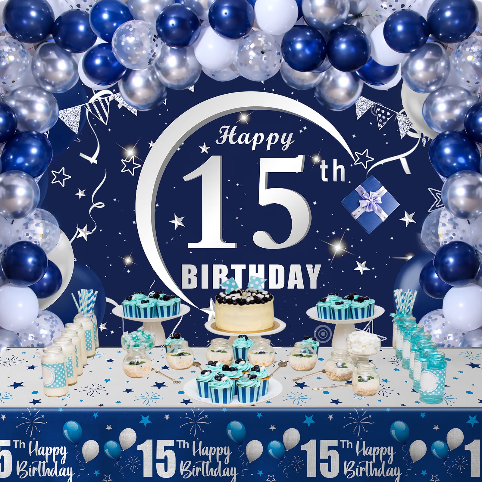 **Happy 15th Birthday Decorations Kit for Boys & Girls - Navy Blue Backdrop, Tablecloth, Balloon Garland - Perfect for Teen Birthday Parties, Sweet 16 Prep, and Milestone Celebrations**