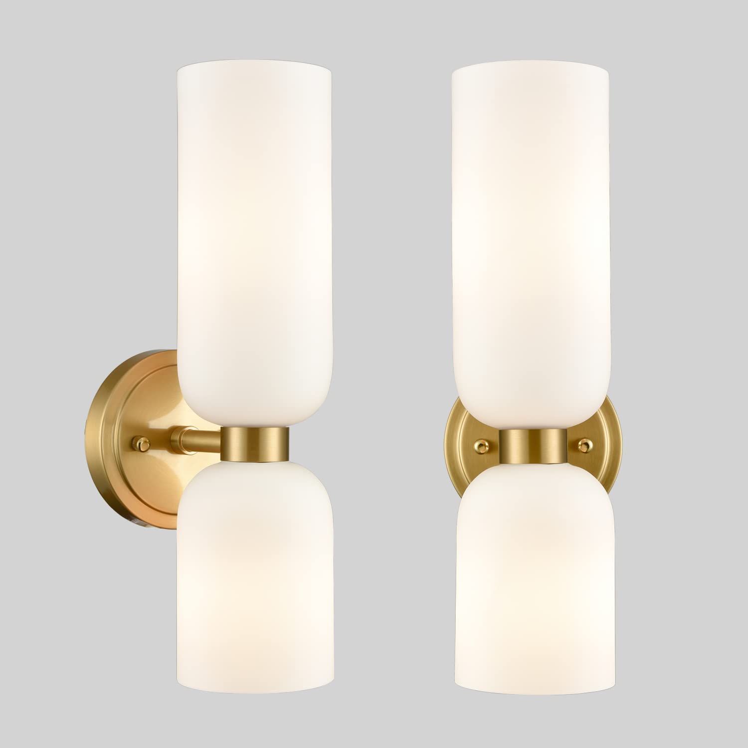 Modern Gold Wall Sconces Set of 2 - 2-Light Bathroom Vanity Lighting with Milky White Glass Shades - Perfect for Bathroom, Bedroom, and Hallway Decor