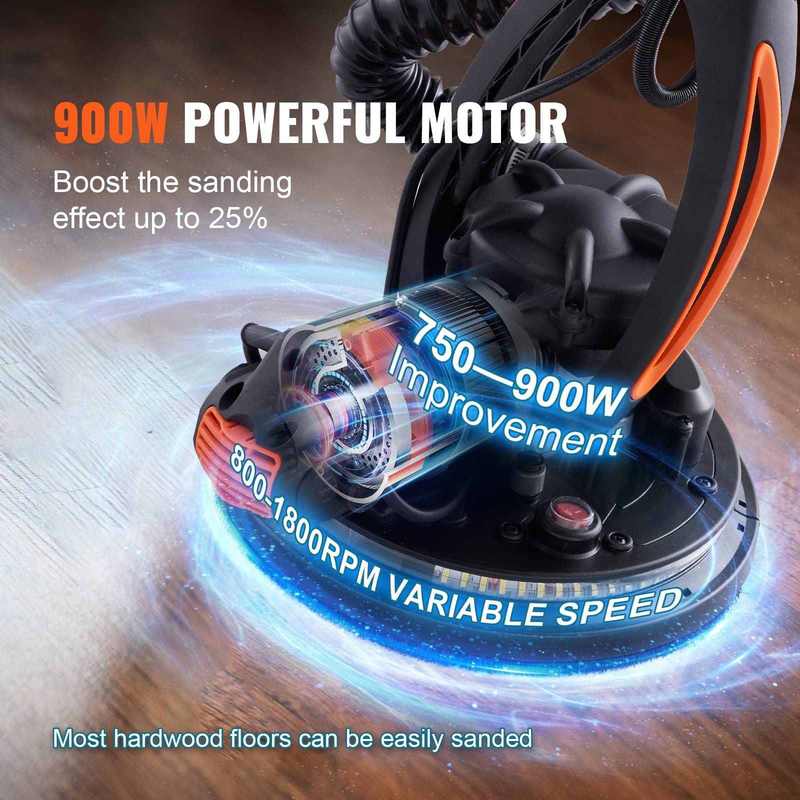 VEVOR 900W Electric Drywall Sander with 12 Sanding Discs, Variable Speed 800-1800 RPM, 3 Suction Ducts & Dust Bag - Foldable Ceiling Sander with Extendable Handle & 2 LED Lights for Wall and Ceiling Sanding - Perfect for Home Renovation, DIY Projects, and Professional Construction Work