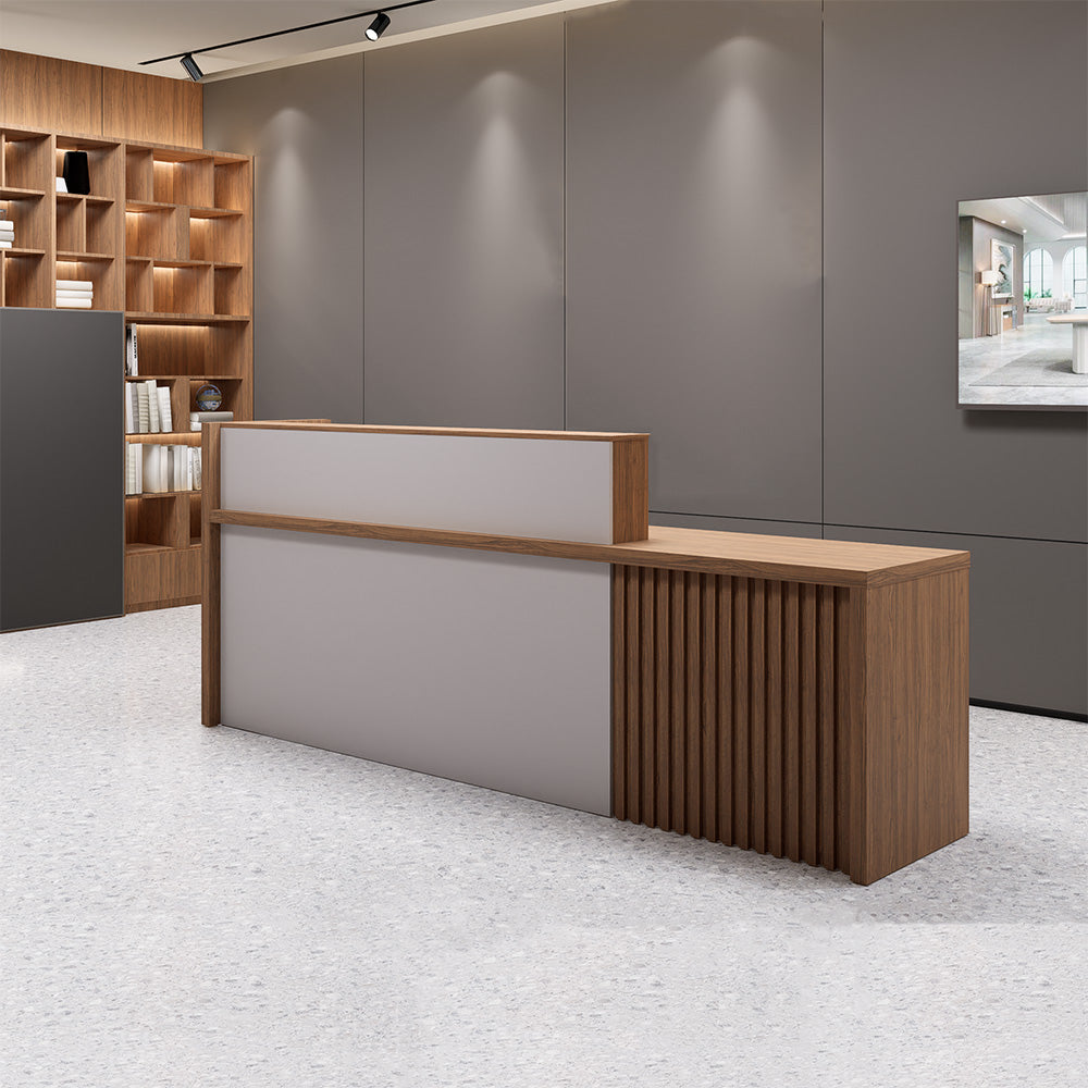 KNOX Modern Reception Desk 240cm with Right Panel in Walnut Finish - Perfect for Office Lobby, Hotel Front Desk & Corporate Waiting Areas