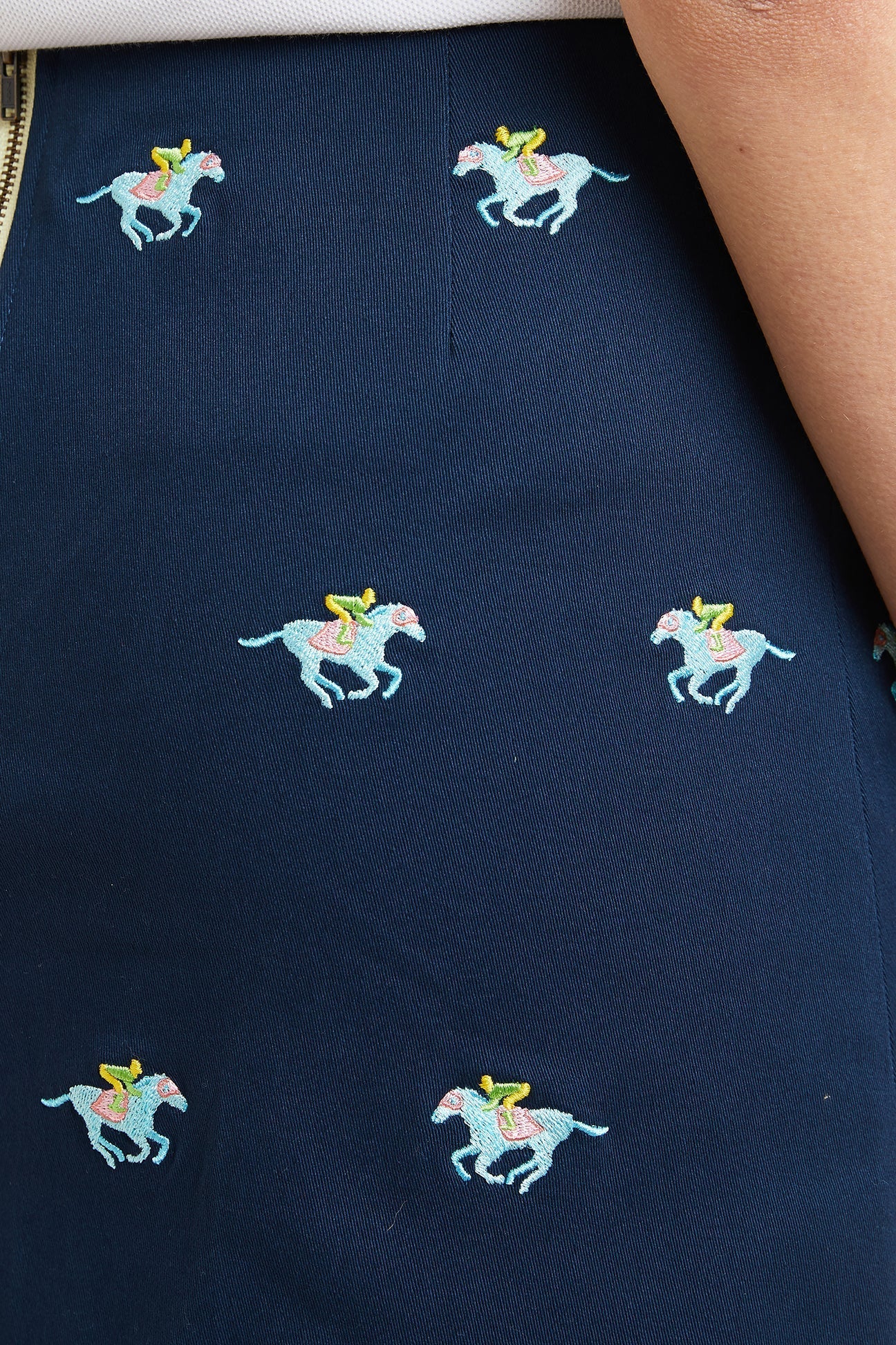 Stretchy Twill Ali Skirt in Nantucket Navy with Racing Horse Print - Perfect for Casual Outings, Beach Trips, and Summer Fashion