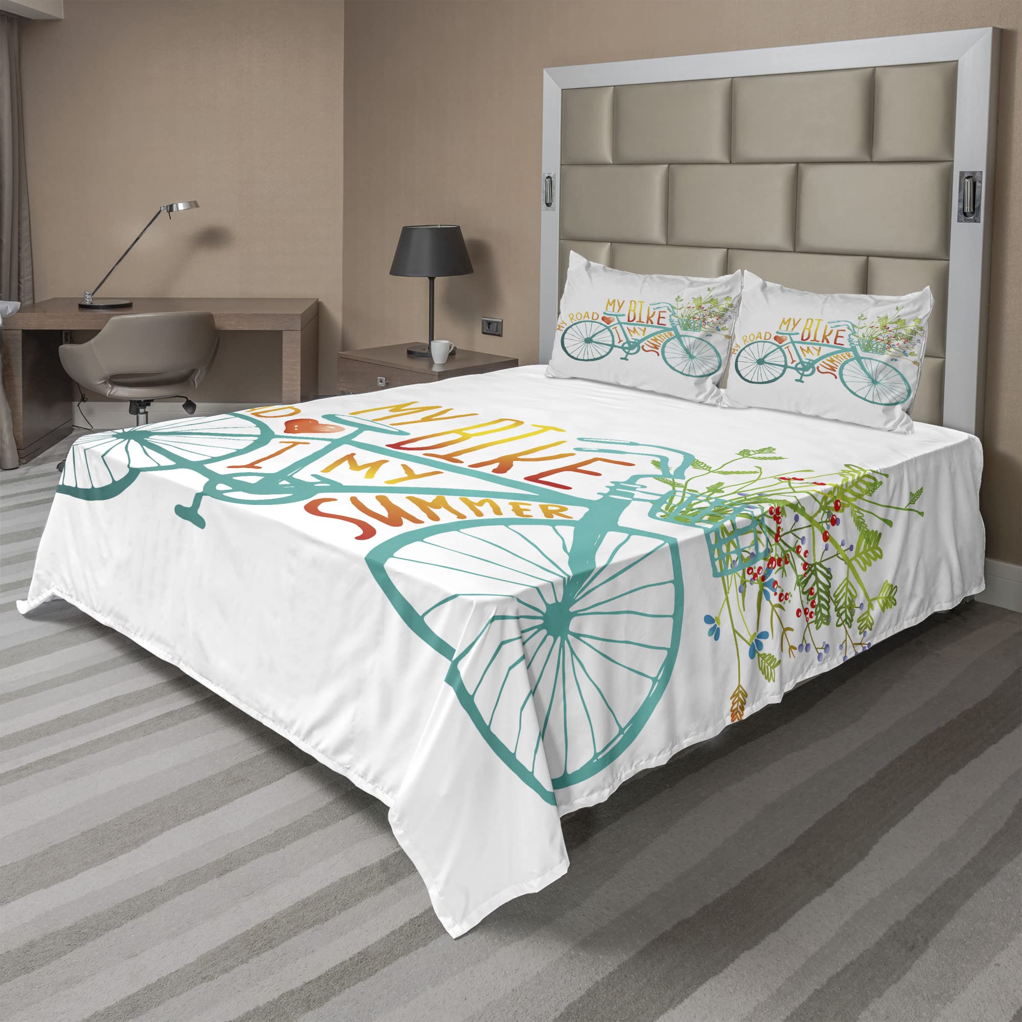 Ambesonne Vintage Bicycle Bedding Set - 4 Piece King Size Floral Bike Design Sheet Set with Fitted Sheet, Flat Sheet & Pillowcases in Turquoise & Yellow | Perfect for Cycling Enthusiasts Bedrooms, Guest Rooms & Themed Decor