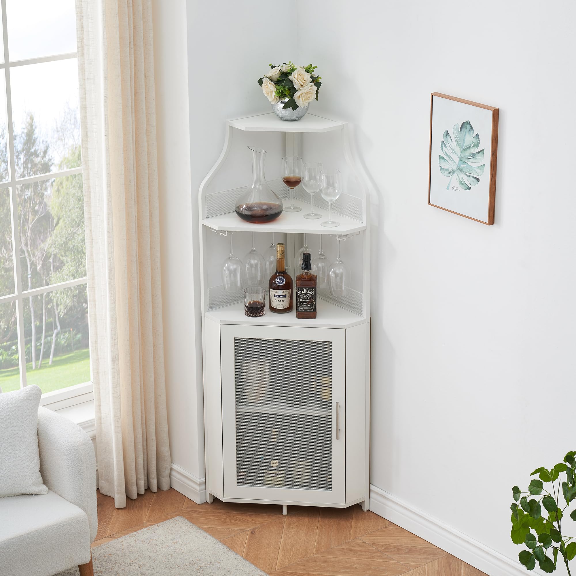 IdealHouse White Corner Bar Cabinet with Large Storage, Detachable Wine Rack & Glass Holder - Mesh Door Wine Cabinet for Dining Room, Living Room & Kitchen | Perfect for Home Entertaining & Space-Saving Storage