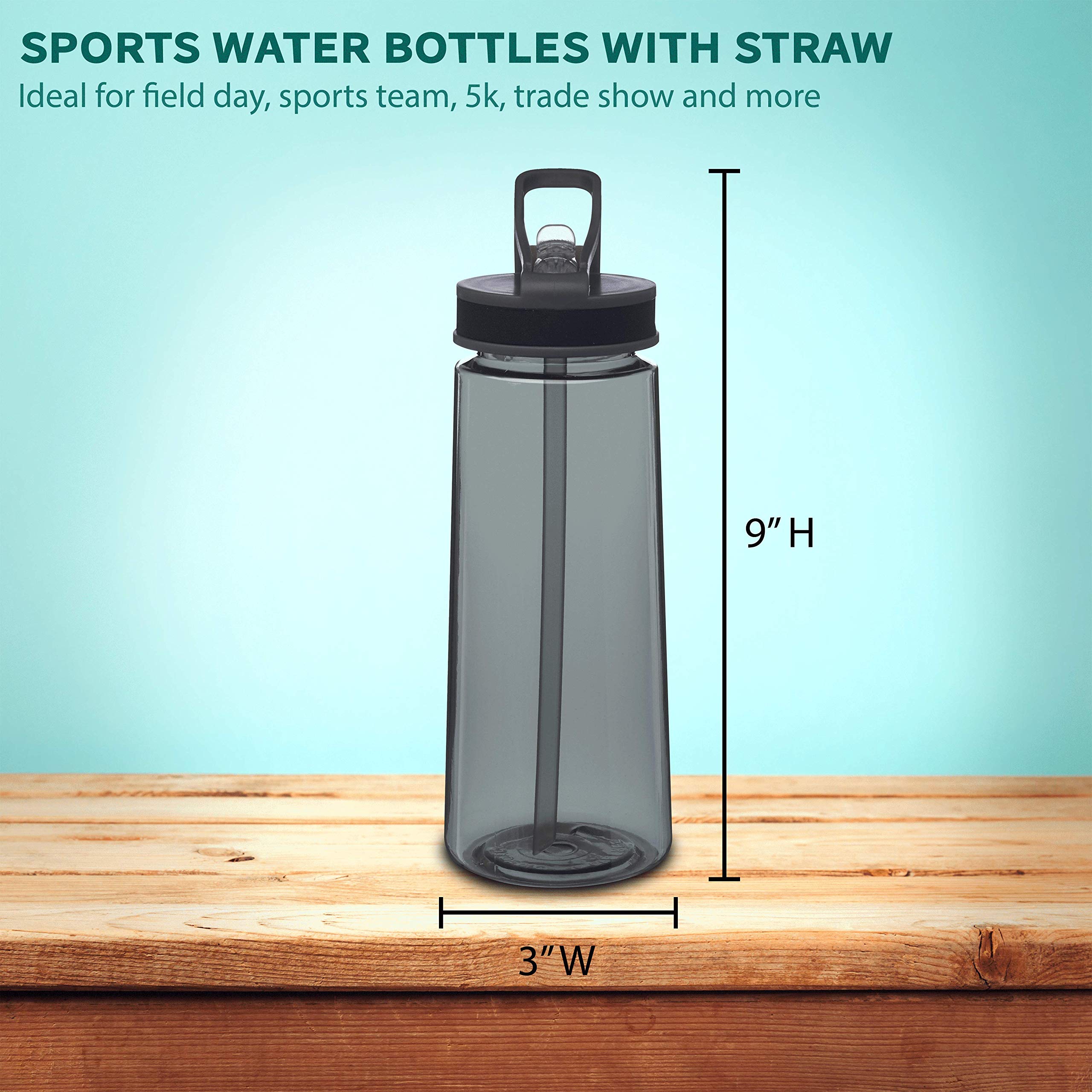 6-Pack 22oz Reusable Plastic Sports Water Bottles with Straw & Leak-Proof Lid - BPA-Free Gym, Hiking, Workout, Office & Travel Essentials - Charcoal Bulk Set for Active Lifestyle