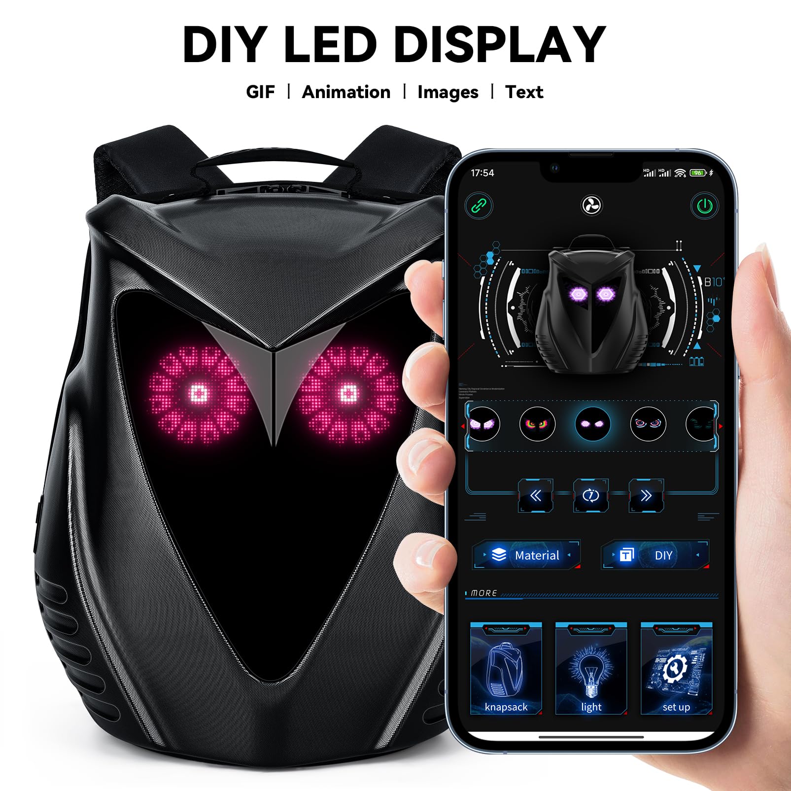 Programmable LED Backpack with App Control - Customizable Owl Eyes Design, USB Charging Port - Perfect for Laptop, Travel & Motorcycle Use - Great Gift for Men & Tech Enthusiasts