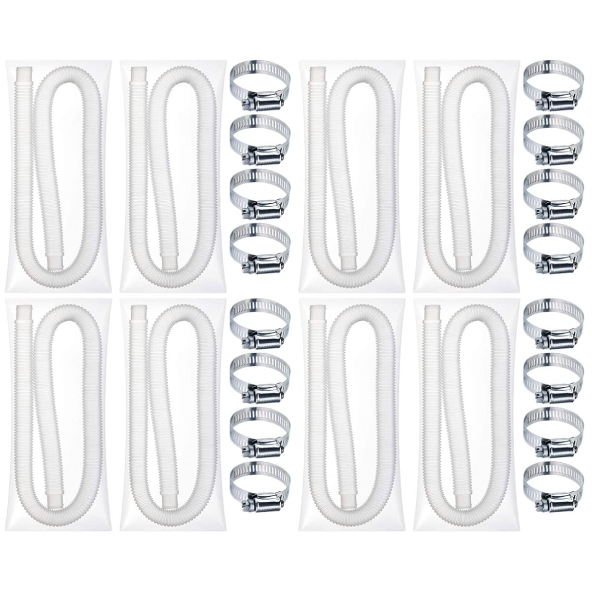 PRETYZOOM 2-Pack Durable Pool Pump Replacement Hose - Heavy Duty Filter Hose with Drain Port for Water Park, Spa, Aquarium & Swimming Pool (White, 4 Tubes + 8 Buckles) - Perfect for Water Circulation, Filtration & Maintenance