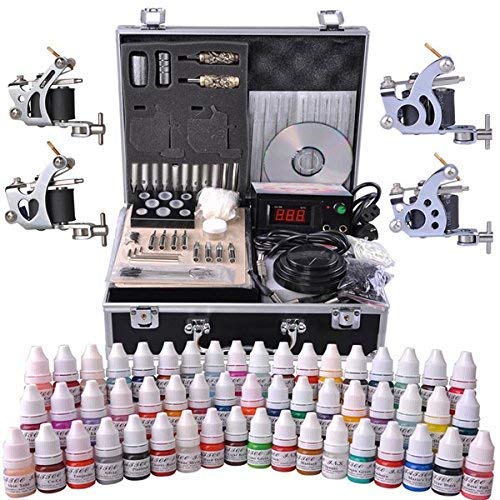 Professional 54-Ink Tattoo Kit with LCD Power Supply - 4 Tattoo Guns, Gloves, Practice Skin, Needles & Hard Case - Complete Tattoo Starter Kit for Artists & Beginners - Perfect for Home Studio, Tattoo Parlor & Professional Use