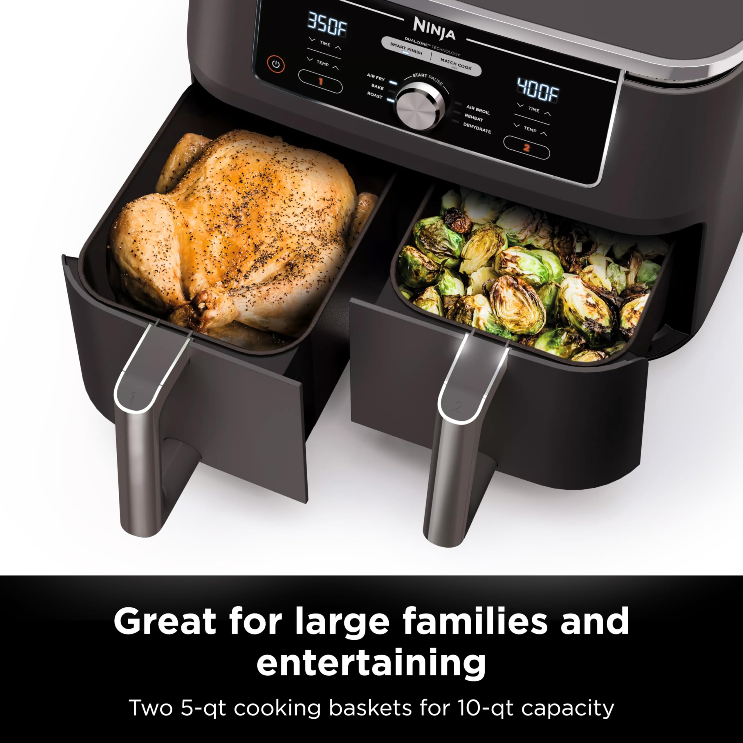 Ninja DZ401 Foodi 10 Quart 6-in-1 DualZone XL 2-Basket Air Fryer with Independent Frying Baskets - Roast, Broil, Dehydrate - Smart Finish & Match Cook Technology - Large Capacity for Family Meals - Grey - Perfect for Quick Cooking, Healthy Meals & Party Snacks