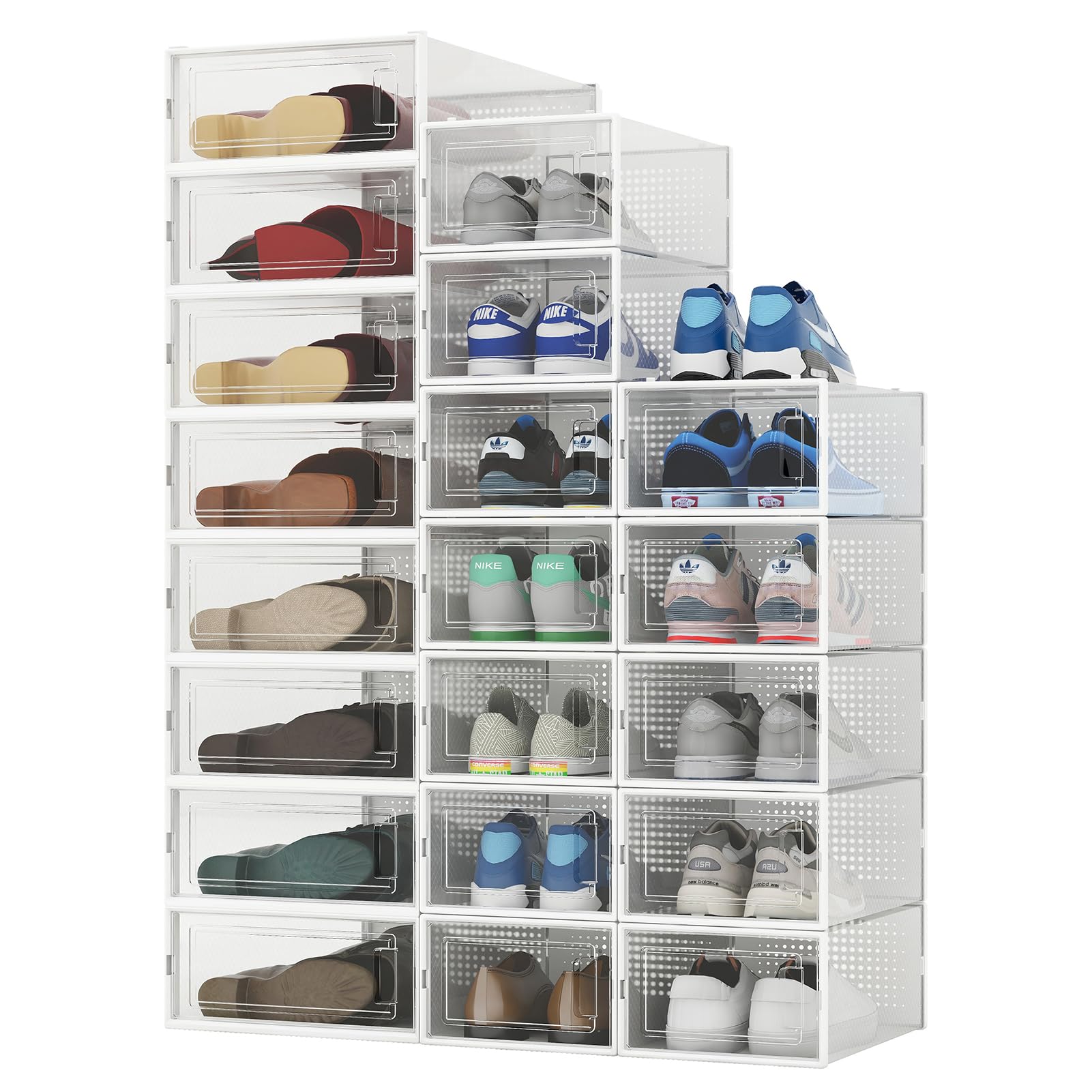 PARANTA 8-Piece Boot Storage Box & 12-Piece Shoe Organizer - Stackable Clear Plastic Shoe Box with Transparent Door for Closet, Entryway, and Bedroom Organization