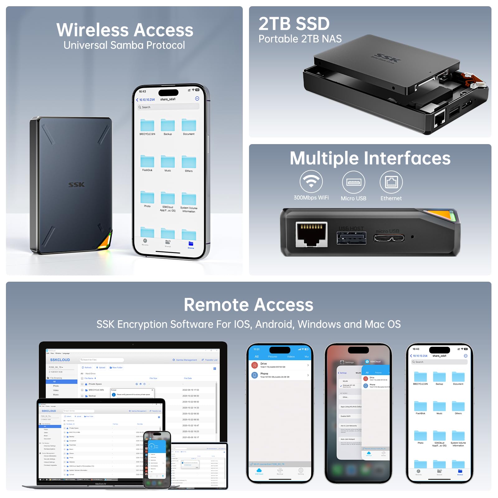SSK 2TB Portable External SSD with Wi-Fi Hotspot | Wireless Personal Cloud Storage for Auto-Backup | Remote Access for Phone, Tablet & Laptop | Perfect for Travel, Work & Home Data Backup