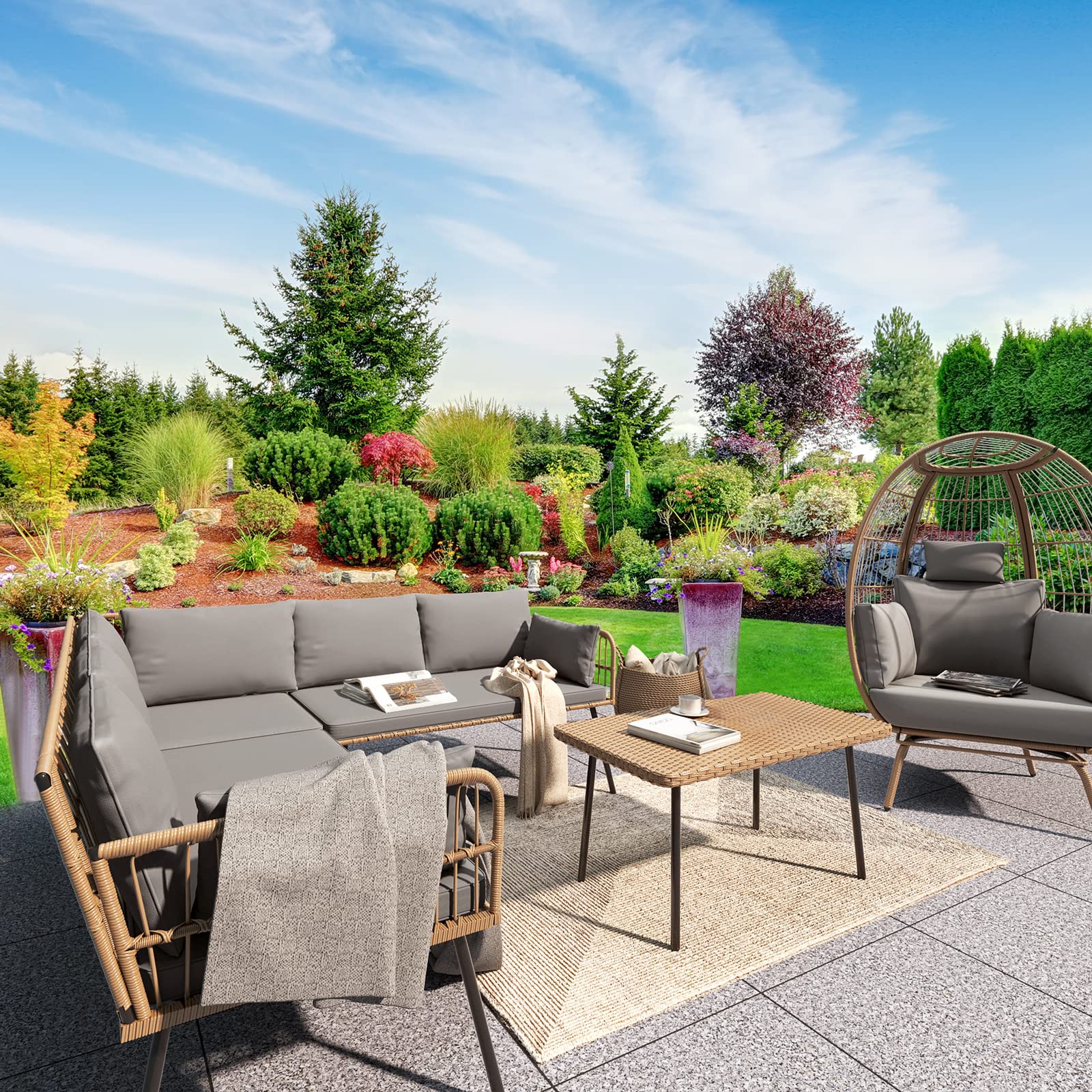 YITAHOME 4-Piece Patio Furniture Set, Outdoor Wicker L-Shaped Sectional Sofa with 5 Seats, Detachable Boho-Style Lounger with Thick Cushions & Side Table - Grey | Perfect for Backyard, Porch, Garden & Poolside Relaxation