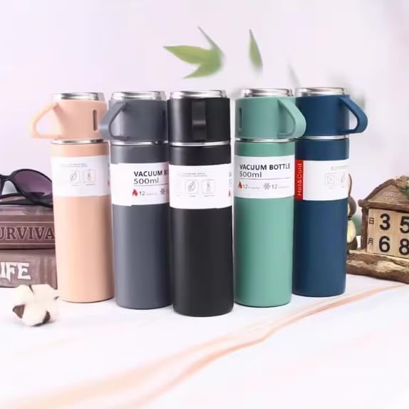 EOS Vacuum Insulated Stainless Steel Water Bottle with 3 Cups - 8 Hours Hot & 12 Hours Cold - Leak Proof & BPA Free - Perfect for Hiking, Camping, Gym & Outdoor Activities (Green)