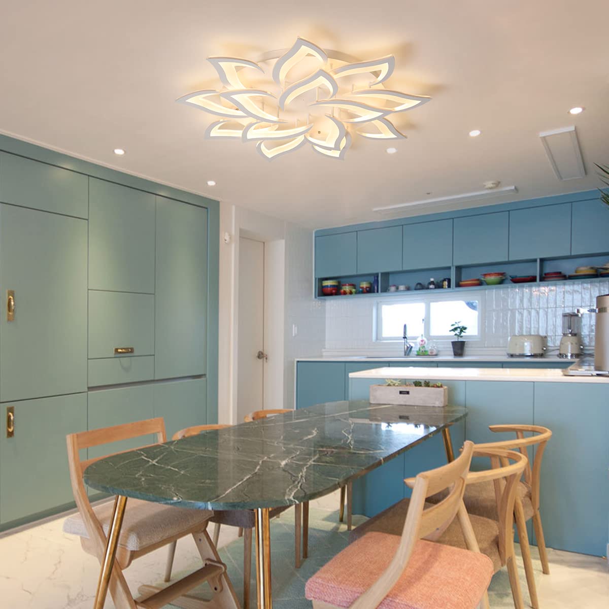 Garwam 14-Head LED Dimmable Flower Shape Ceiling Light - Modern Petal Flush Mount Chandelier with Remote Control, White Metal & Acrylic Lighting Fixture for Living Room, Bedroom, Dining Room - Perfect for Home Decor, Romantic Ambiance & Modern Interior Design