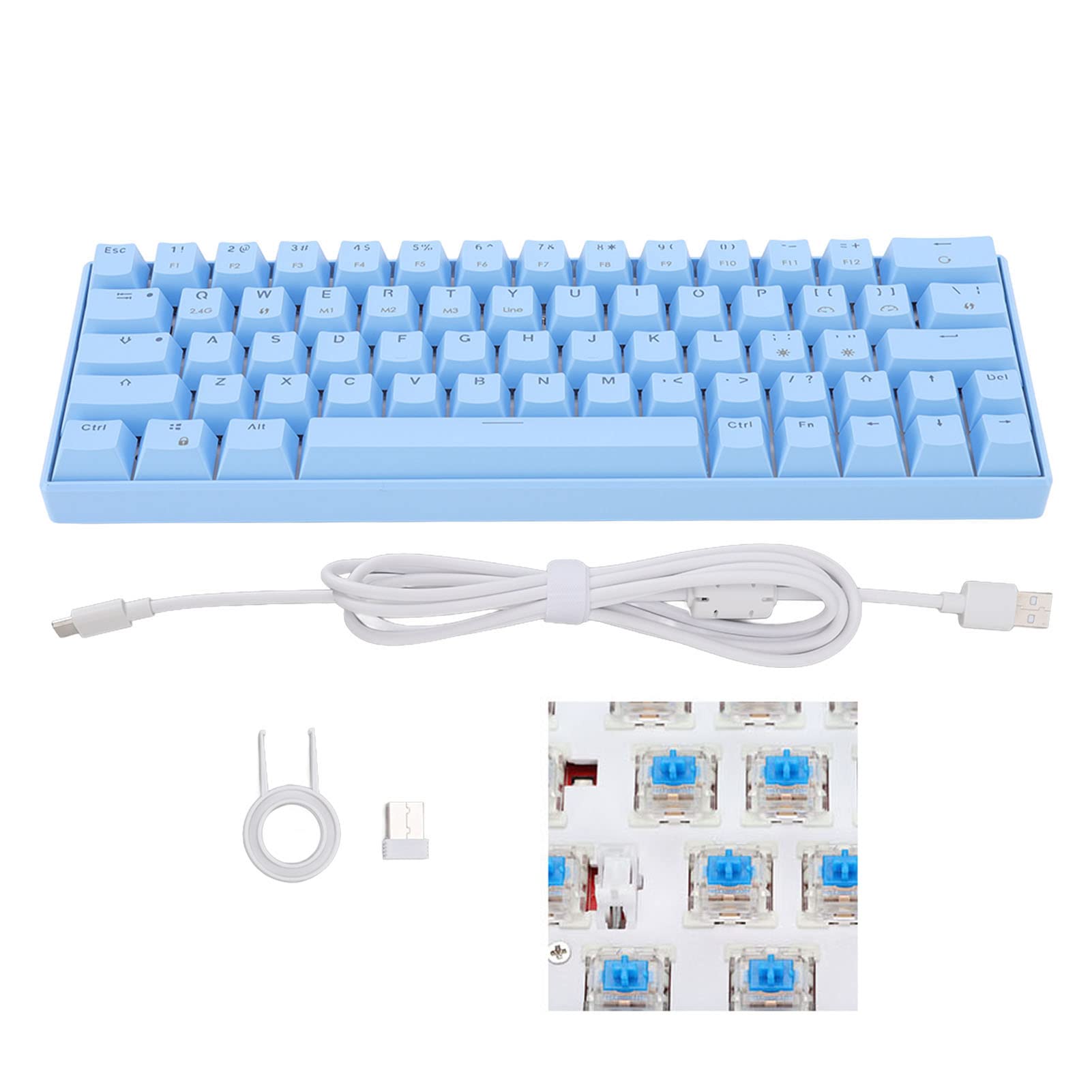 ASHATA 64-Key Wireless Mechanical Gaming Keyboard - Bluetooth 2.4G & USB Type-C Wired, Ergonomic Design with Rechargeable Battery, Blue Switches for PC Gamers - Perfect for Esports, Office Work & Home Gaming Setup