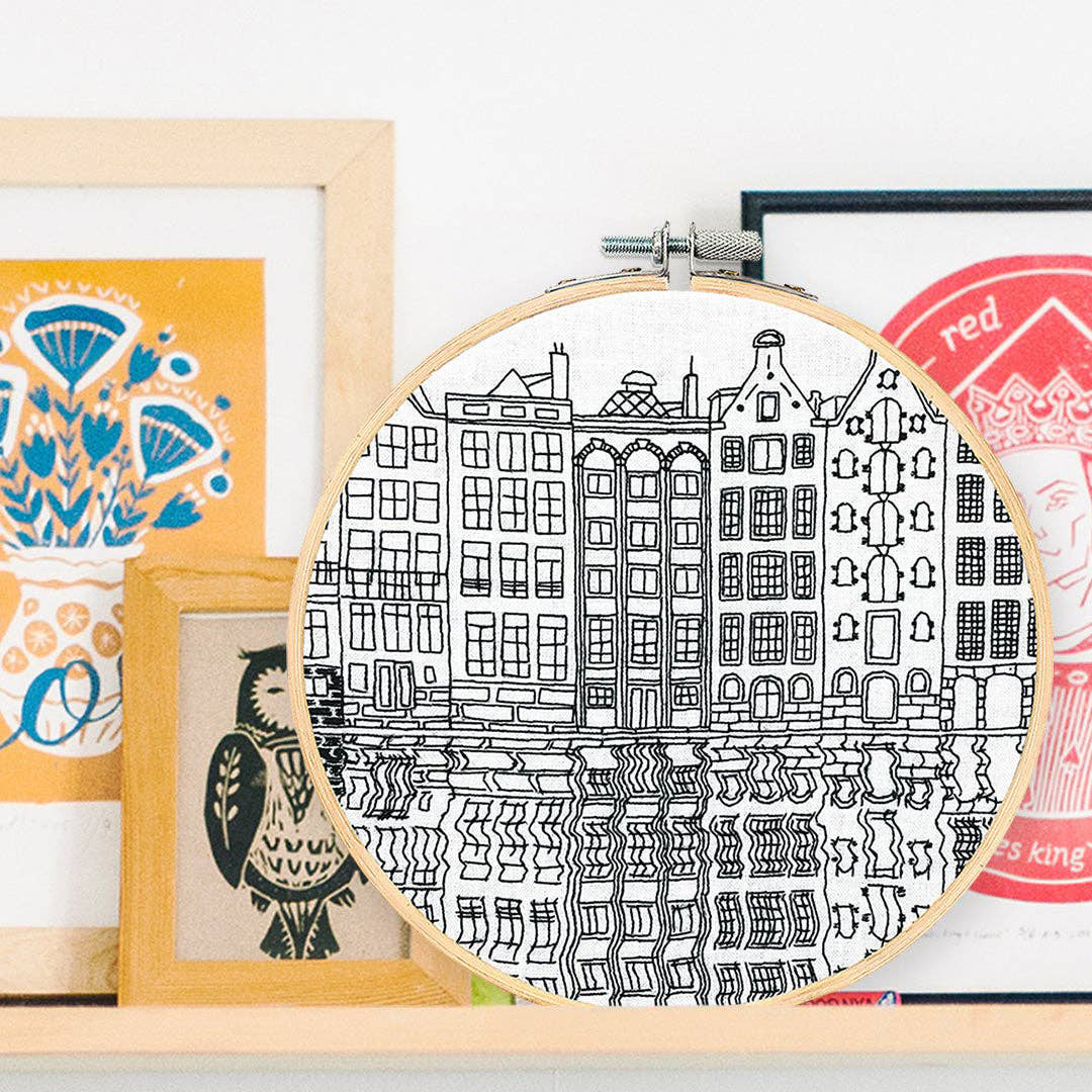 Hand Embroidery Kit - DIY Gingerbread Houses of Amsterdam Christmas Craft for Beginners | Holiday Home Decor & Gift Idea