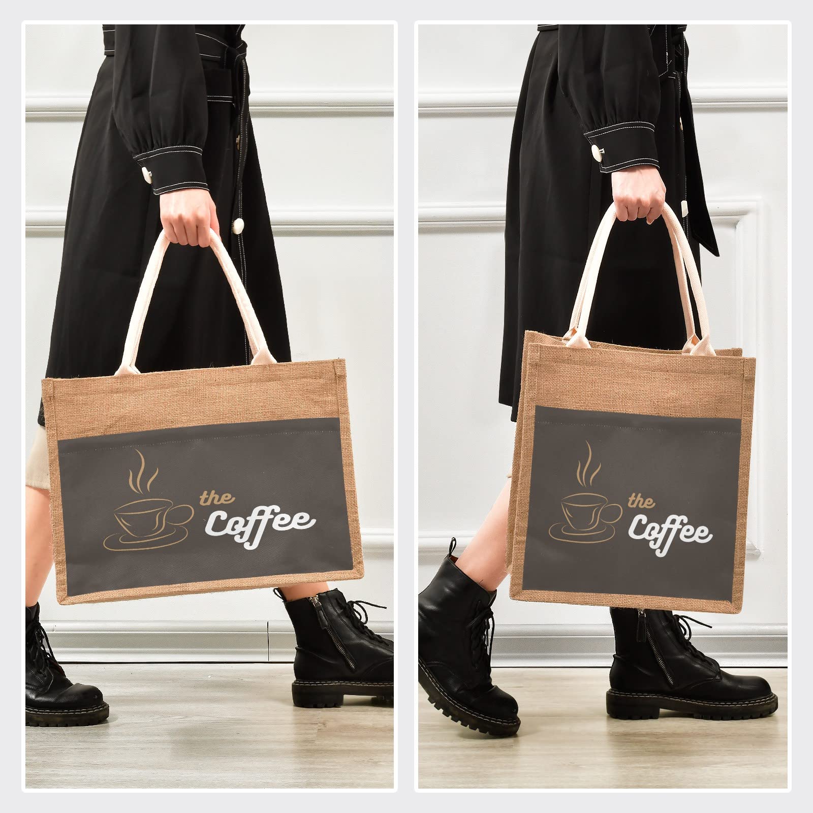 Linqin Coffee Jute Tote Bag - Waterproof Burlap Straw Grocery Shopping Bag with Sturdy Handles | Perfect for Beach, Travel, Farmers Market & Eco-Friendly Shopping