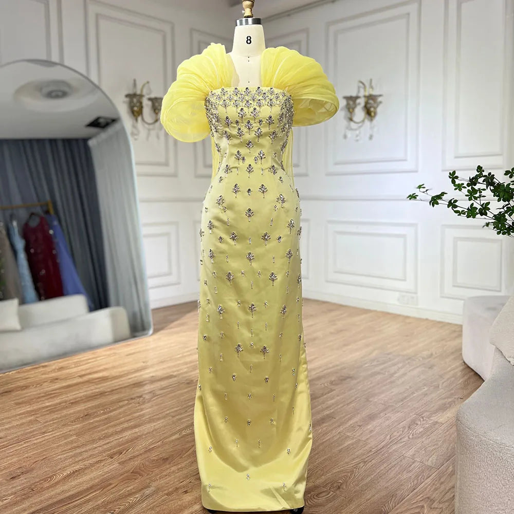 Elegant Yellow Beaded Evening Gown Dubai Style Arabic Formal Dress for Women - Perfect for Weddings, Galas & Special Occasions