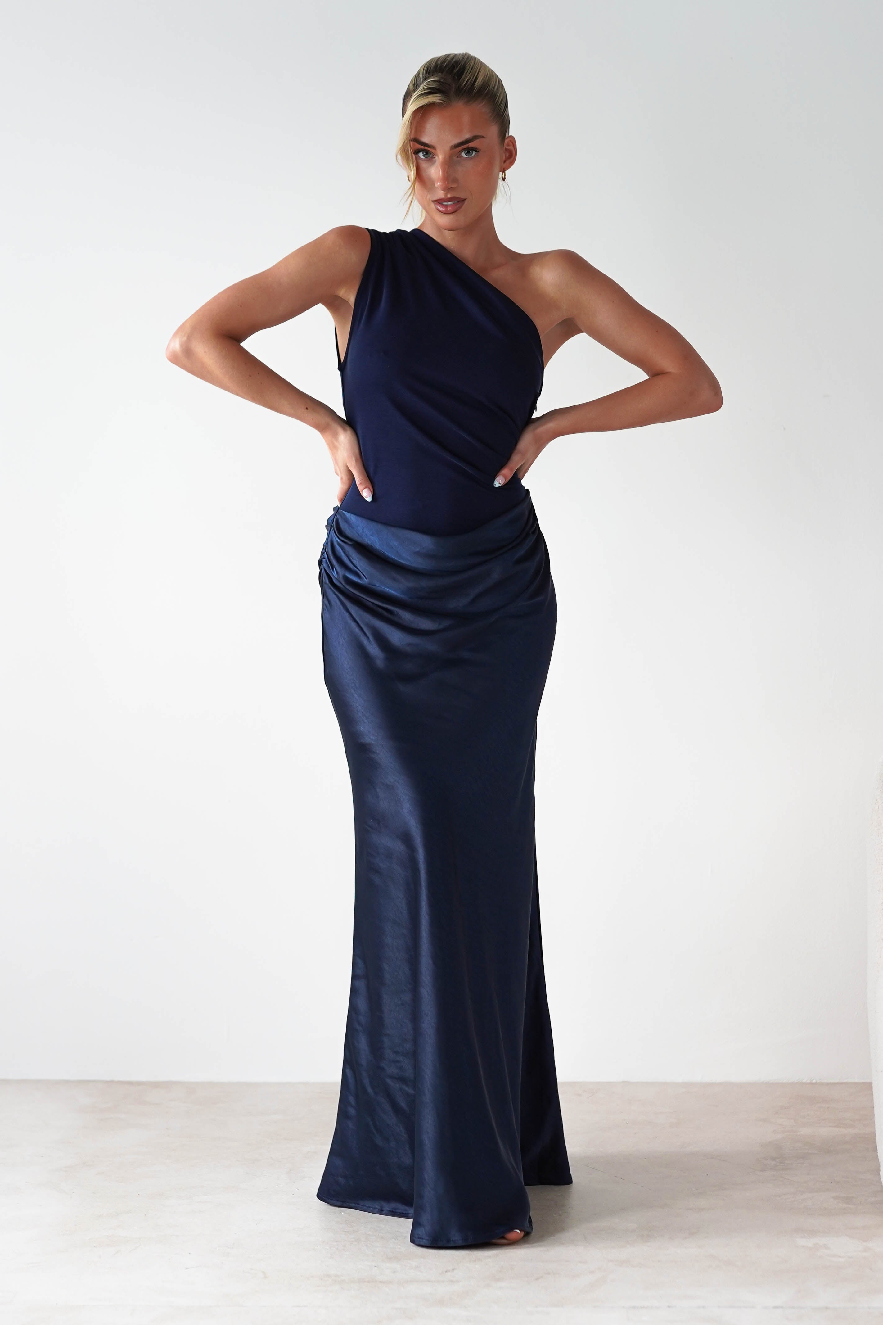 Kashia Women's Navy Blue Draped Satin Maxi Dress - Elegant Evening Gown for Parties, Weddings & Special Occasions