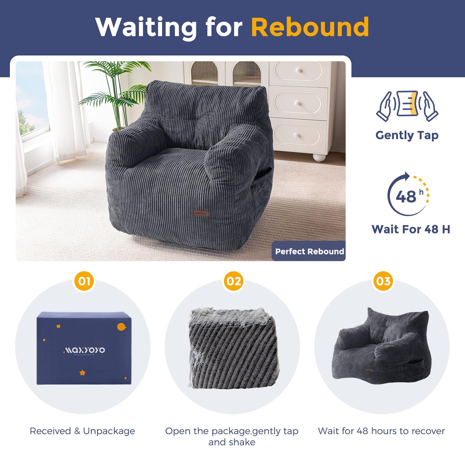 MAXYOYO Tufted Corduroy Bean Bag Chair with Filler - Oversized Lazy Sofa for Adults & Teens, Dark Grey - Perfect for Living Room, Bedroom & Game Room Relaxation