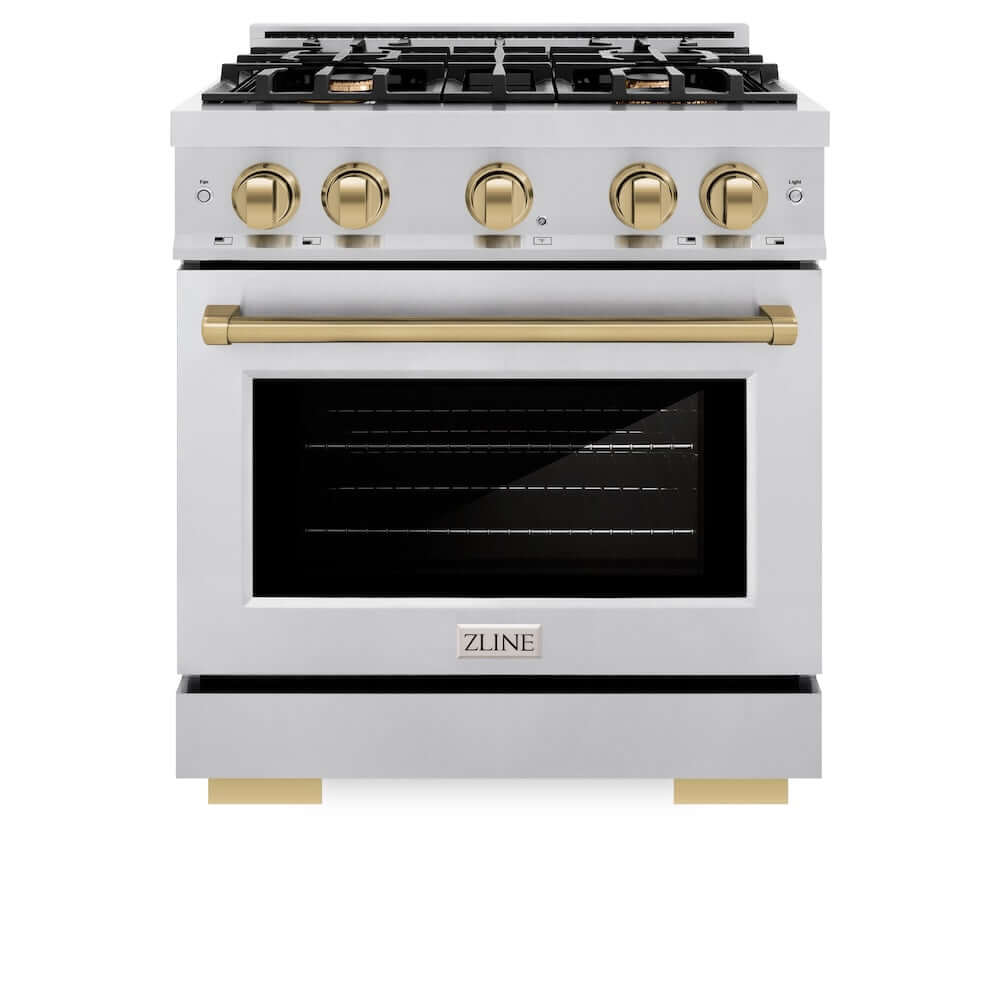 ZLINE Autograph Edition 30-inch 4.2 cu. ft. Gas Range with 4 Burner Cooktop & Convection Oven - Stainless Steel with Champagne Bronze Accents (HGRZ 30 CB) - Perfect for Modern Kitchens & Professional Cooking