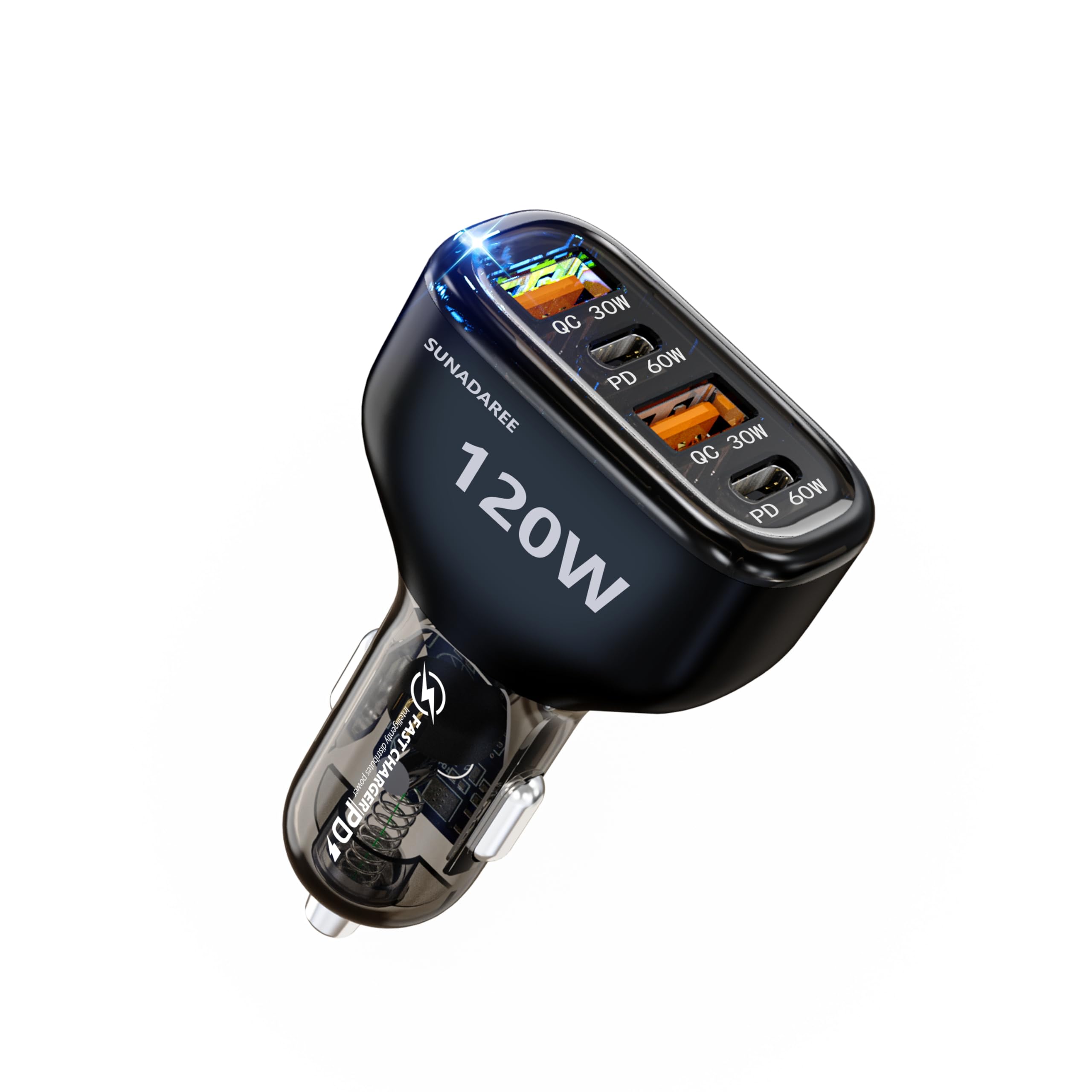 SUNDAREE 120W 4-Port USB Car Charger with Dual Type-C PD60W/PPS60W - Super Fast Charging Adapter for iPhone 15/14/13/Pro/Max, Samsung Galaxy - Perfect for Family Road Trips & Long Drives