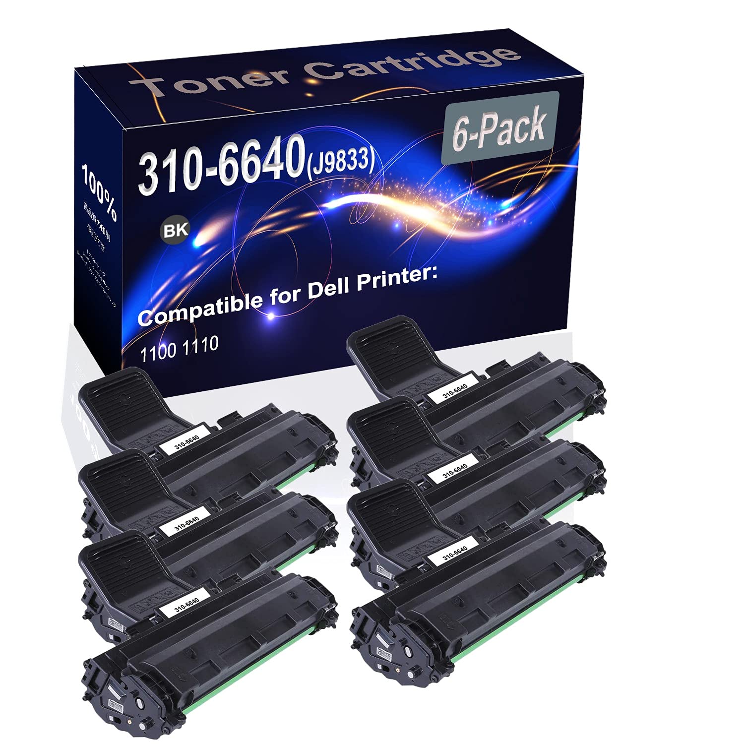 6-Pack Black High Yield 310-6640 J9833 Compatible Toner Cartridge for Dell 1100 & 1110 Printers - Perfect for Home Office & Small Business Printing Needs