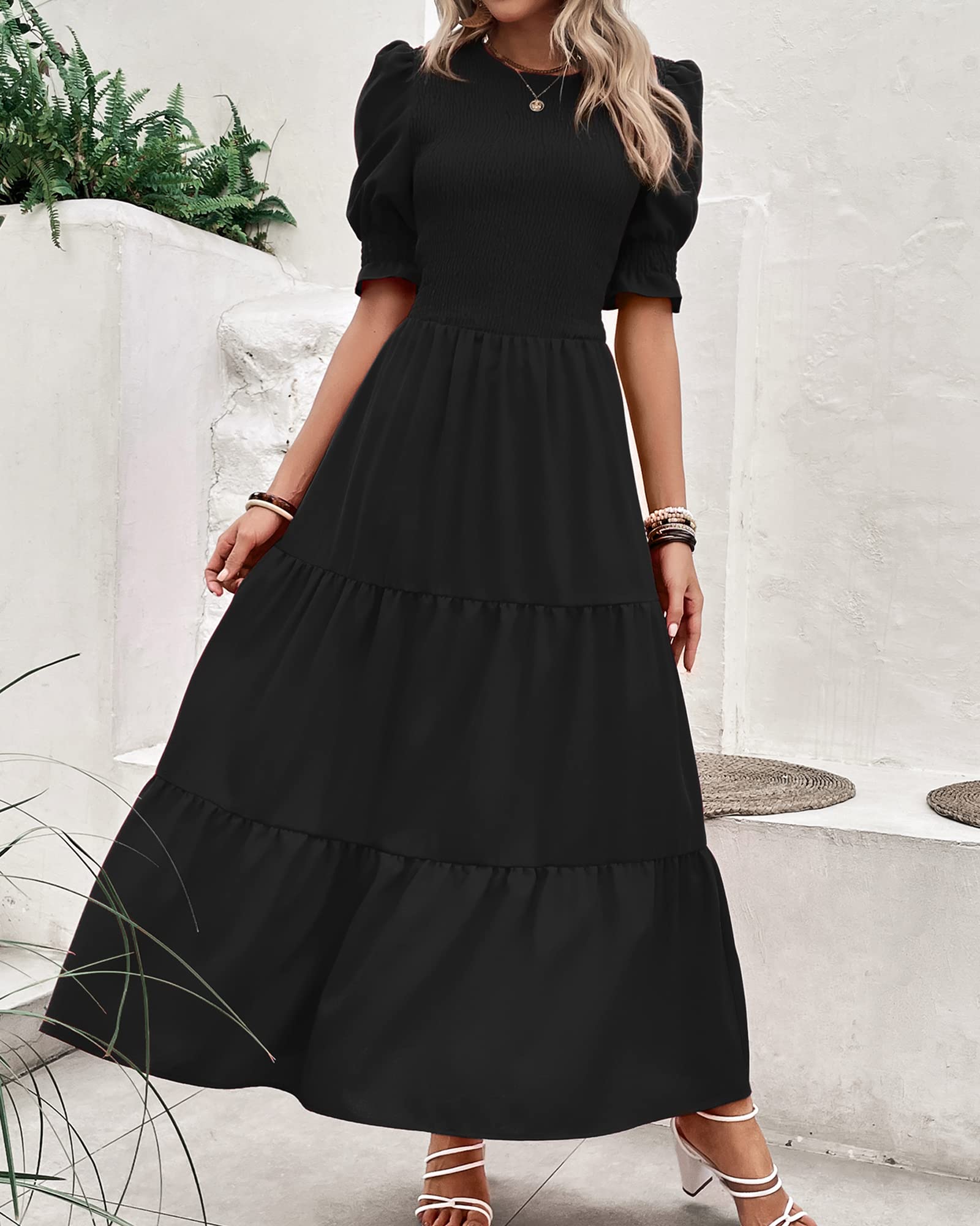 BTFBM Women's Floral Print Boho Maxi Dress - Crew Neck, Ruffle Short Sleeve, Smocked Waist, Flowy Summer Dress for Beach, Vacation & Casual Wear 2025