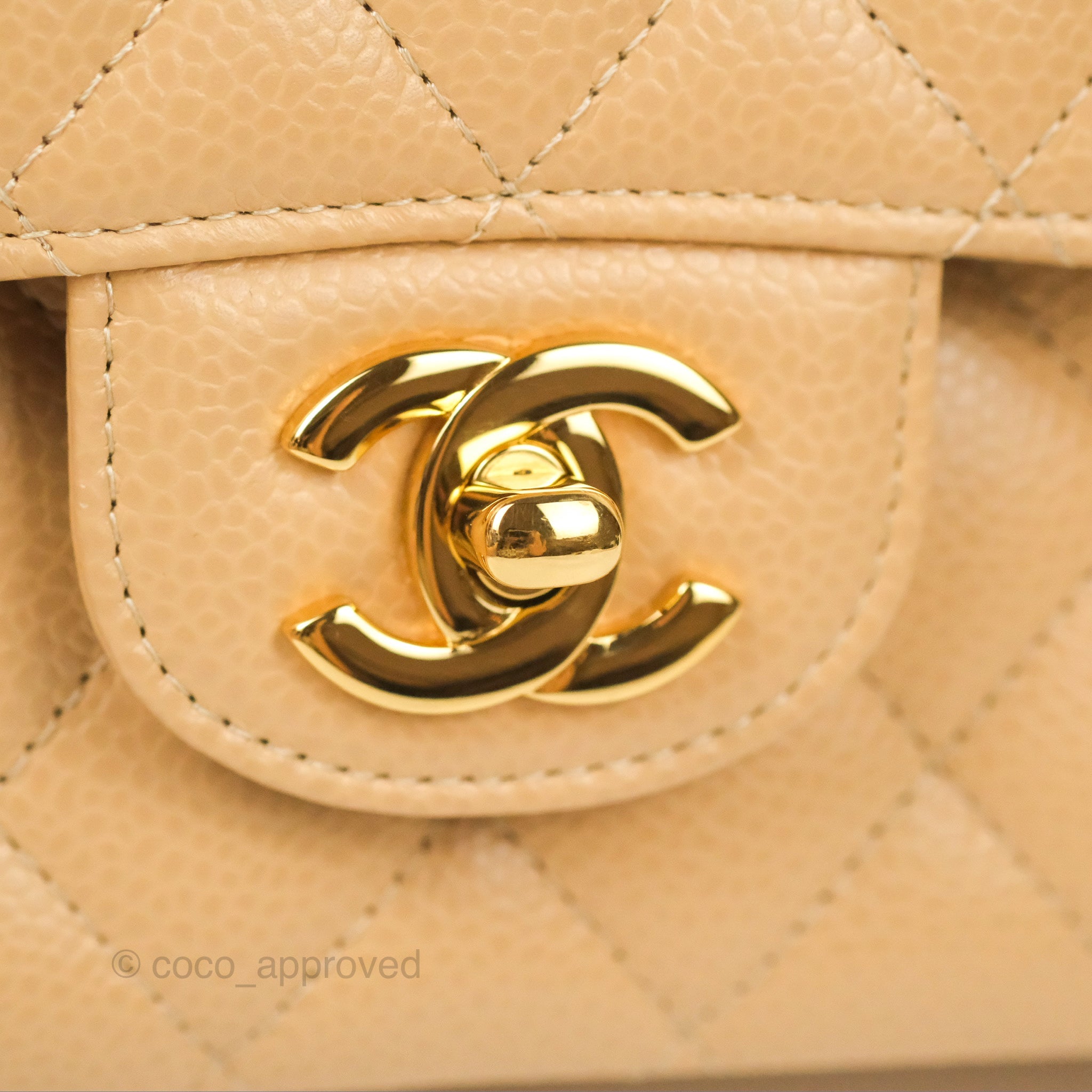 Chanel Classic M/L Medium Double Flap Bag Quilted Beige Caviar Leather with Gold Hardware - Luxury Handbag for Women, Perfect for Work, Parties & Everyday Use
