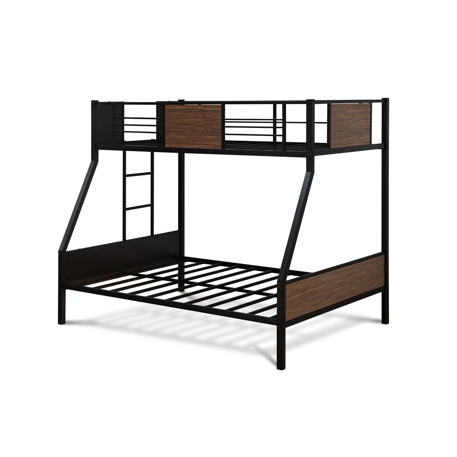 East West Furniture JAFTBLK Jackson Full Twin Bunk Bed - Split Bunk Beds with Ladder & Guard Rails - Twin/Full Size Metal Bunk Bed Frame - Black Powder Coated Finish - Perfect for Kids Rooms, Dorms & Space-Saving Bedrooms