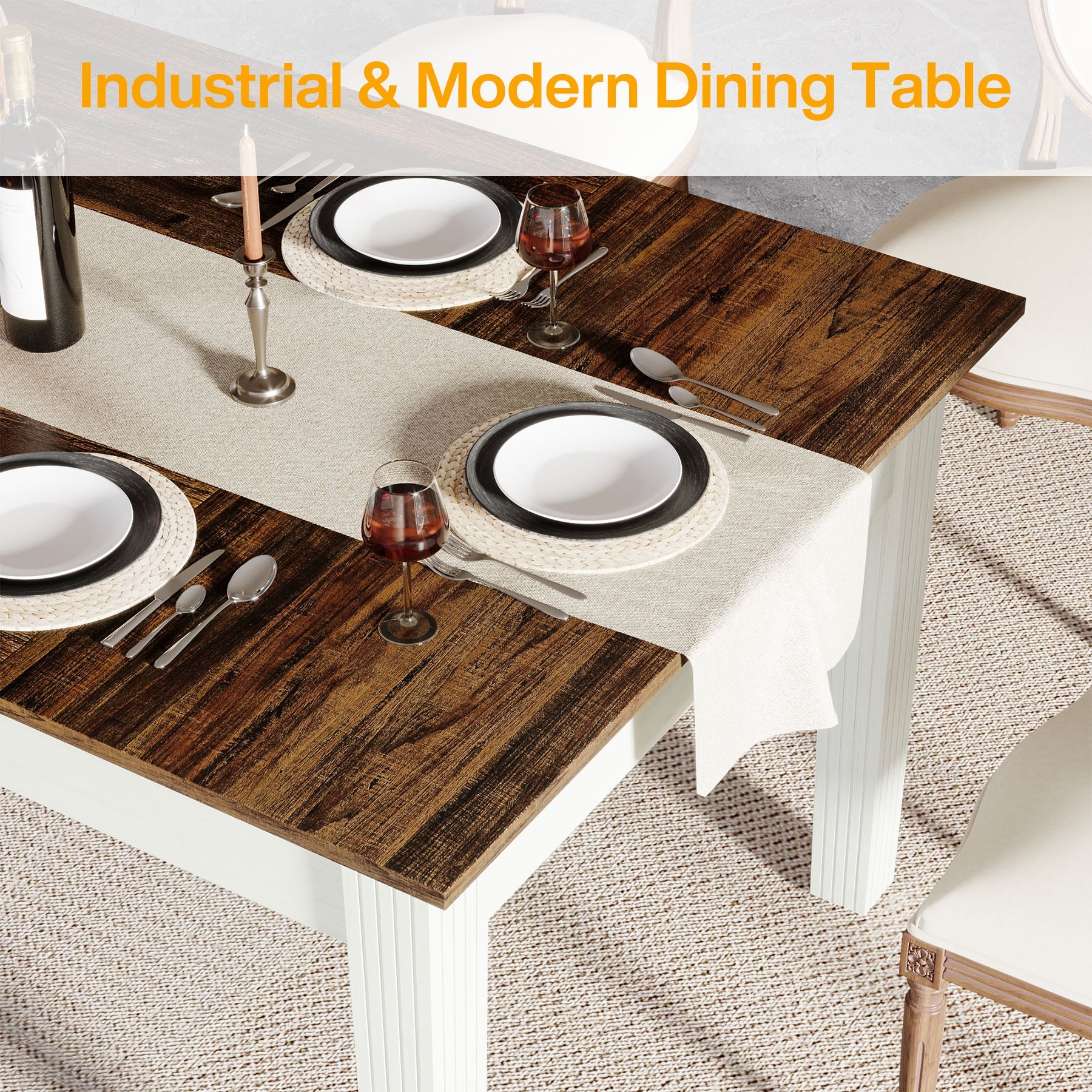 62 Inch Farmhouse Dining Table - Solid Wood Rectangular Kitchen Table for 4-6 People | Perfect for Family Meals, Dinner Parties & Farmhouse Style Decor
