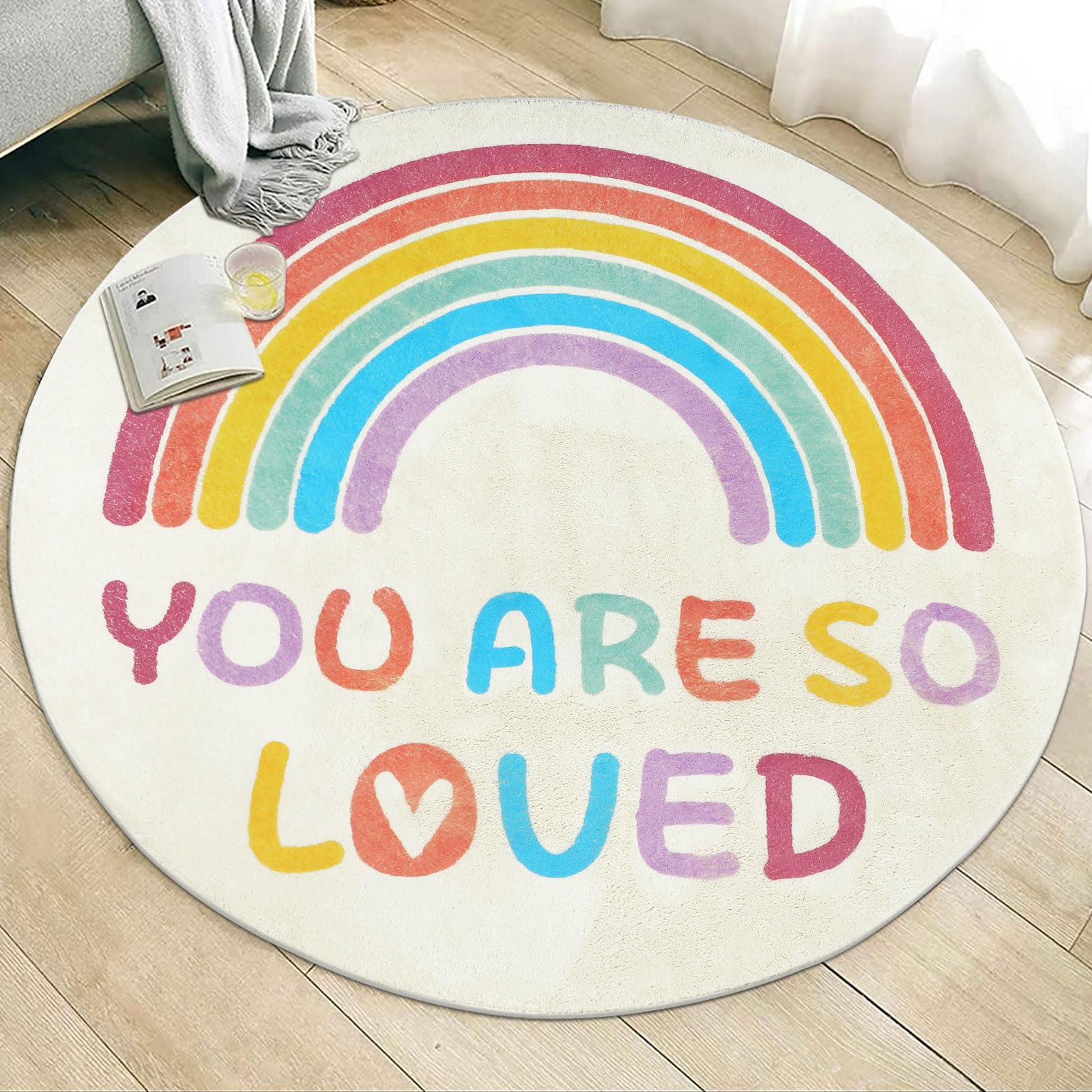 Topotdor Rainbow Round Rug for Girls Bedroom - Colorful Boho Nursery Area Rug, Ultra Soft Machine Washable Kids Play Mat, 63