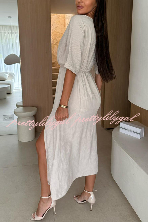 Breathable Linen Blend V-Neck Short Sleeve Midi Dress with Waist Slit - Casual Summer Beach Dress for Women | Perfect for Vacations, Date Nights & Outdoor Events