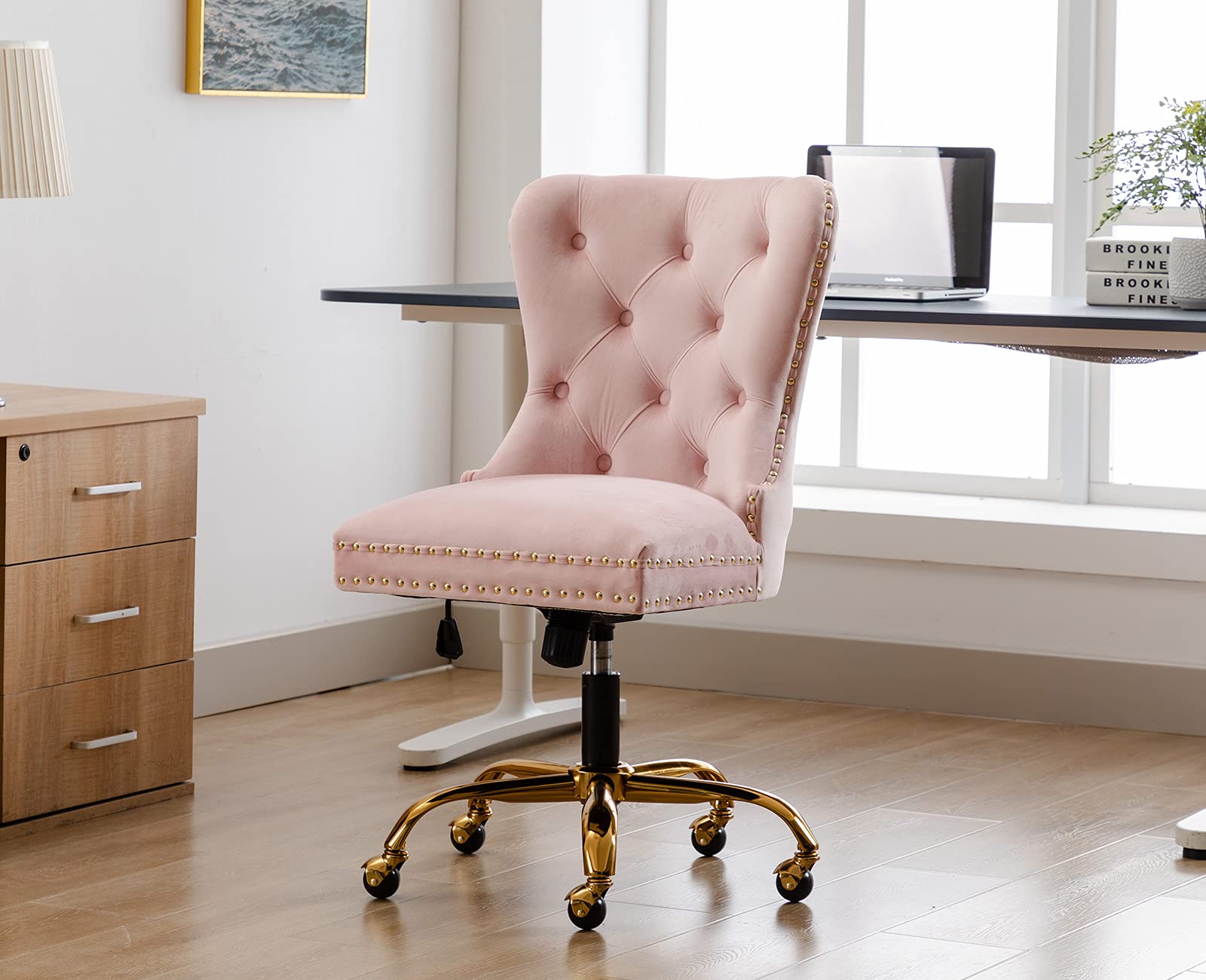 ZHENGHAO Velvet Vanity Chair with Gold Swivel Base - Upholstered Tufted Accent Office Desk Chair, Adjustable Armless Task Chair for Women - Perfect for Living Room, Bedroom & Makeup Area in Elegant Blush Pink