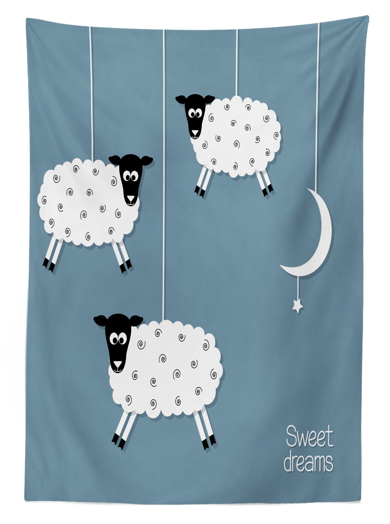Ambesonne Outdoor Tablecloth with Sheep, Star and Crescent Moon Design - Washable Picnic Table Cover 58x84 Inches in Slate Blue, Black & White - Perfect for Picnics, BBQs, and Outdoor Dining Decor