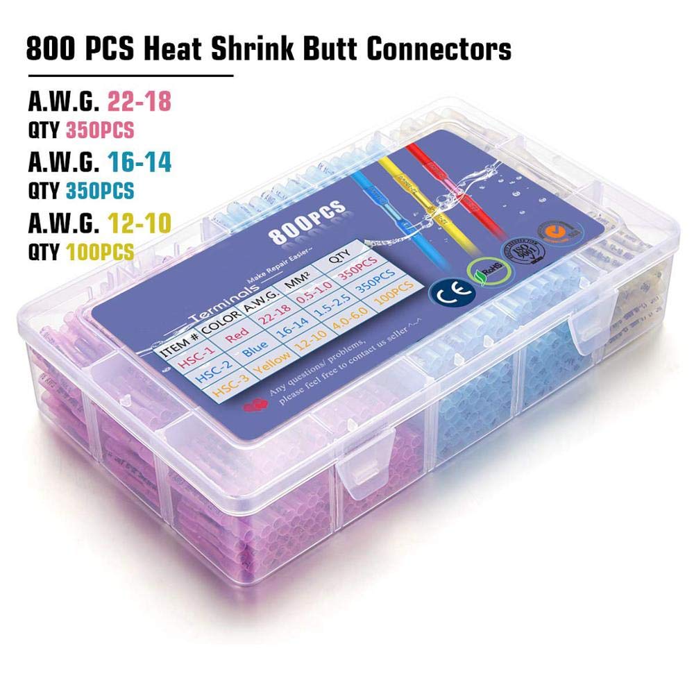 800pcs Heat Shrink Butt Connectors Kit - Waterproof Solder Sleeve Tubes, Insulated Copper Crimp Wire Terminals for Automotive, Marine & Home Electrical Wiring Repairs