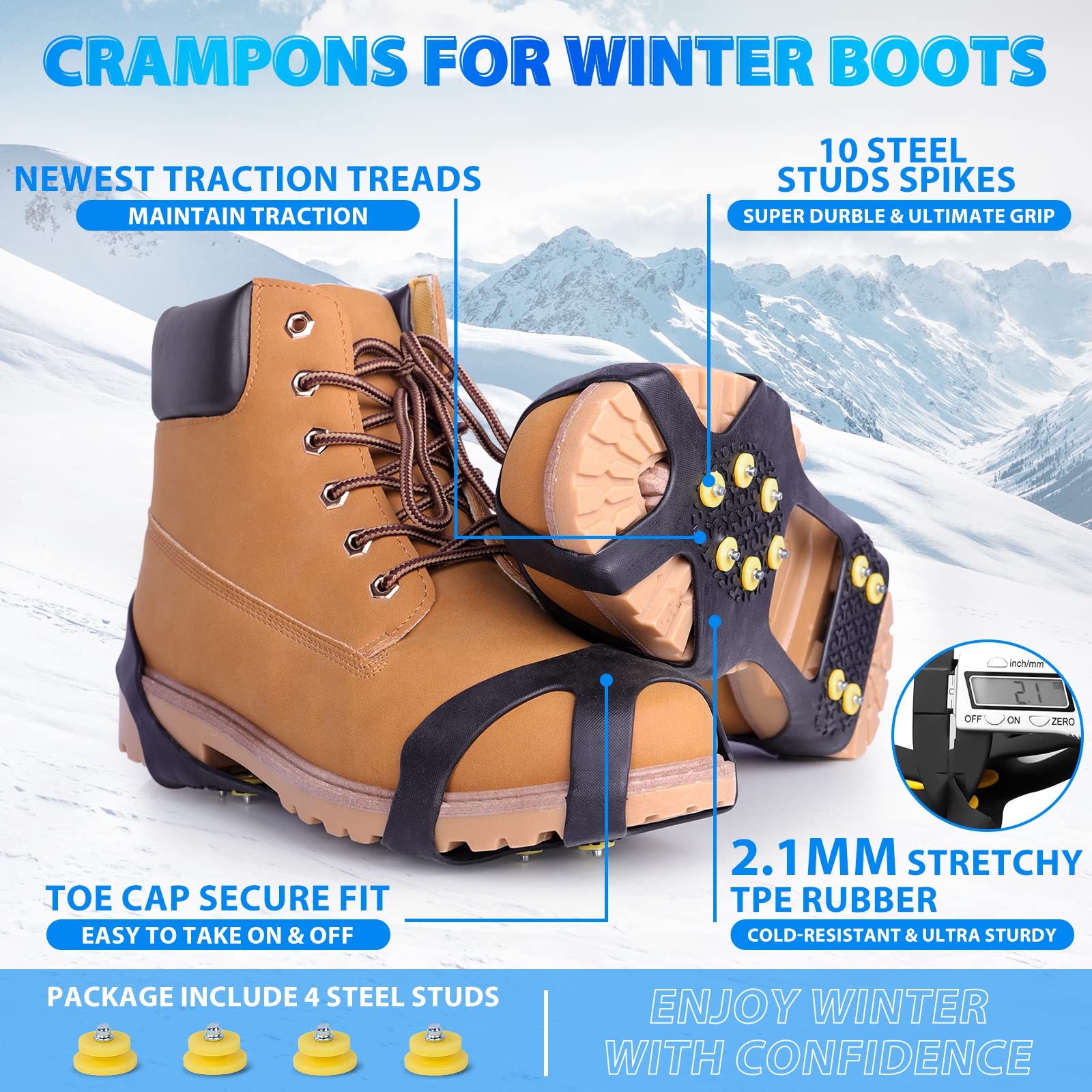 Sfee Ice Cleats for Boots & Shoes - 10 Steel Studs Anti-Slip Traction Crampons for Hiking, Walking, Climbing on Snow & Ice | Winter Safety Gear for Outdoor Activities, Jogging & Daily Commute