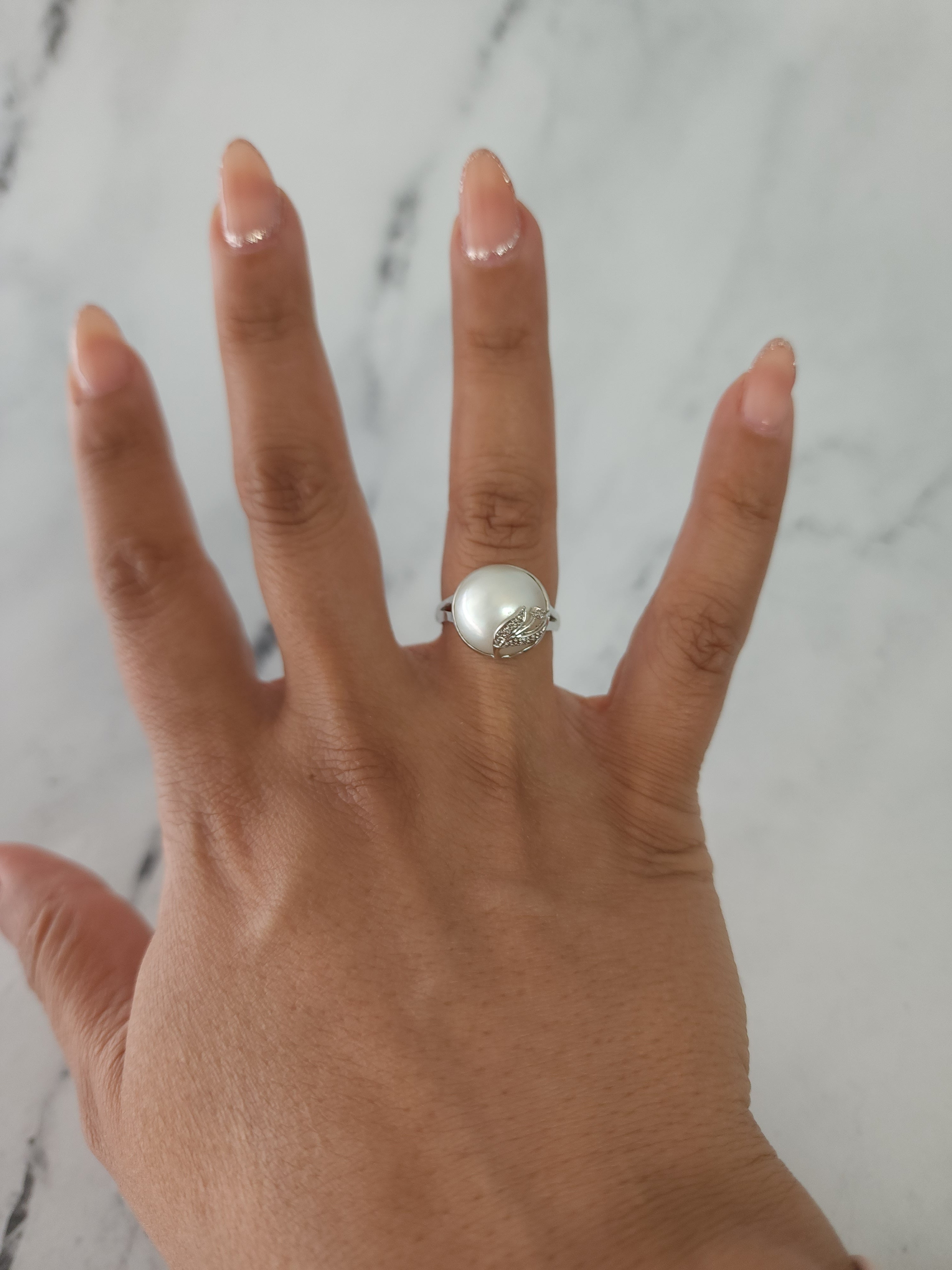 14K Gold 13mm & 14MM Mabe Pearl Ring with Diamond Tulip Design - Elegant Wedding, Anniversary & Special Occasion Jewelry Gift for Women