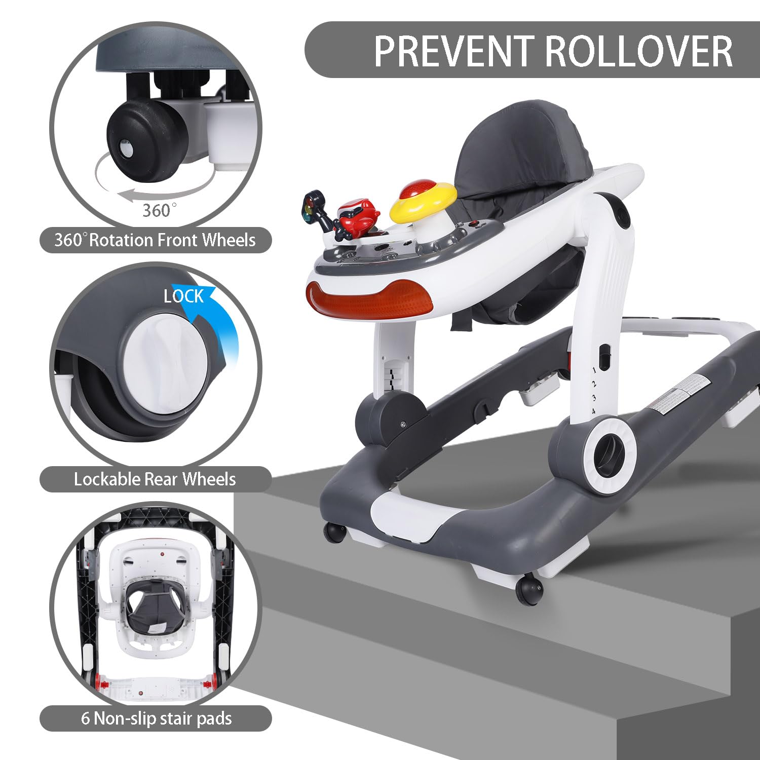 **Kinder King 5-in-1 Baby Walker with Music & Lights - Adjustable Height & Seat, Learning & Walk-Behind Activity Walker for Toddlers - Safety Bumper & Anti-Rollover Design (Grey) - Perfect for Playtime & Early Learning Development**