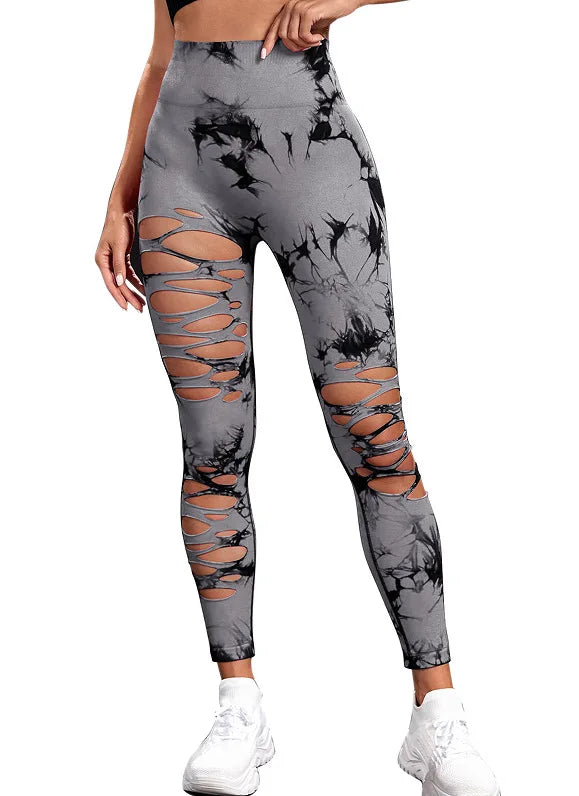 Women's Tie-Dye Hollow Out Leggings - High Waisted Push Up Gym Tights for Running, Yoga & Fitness | Sexy Sports Pants for Workout & Activewear | Red Athletic Leggings