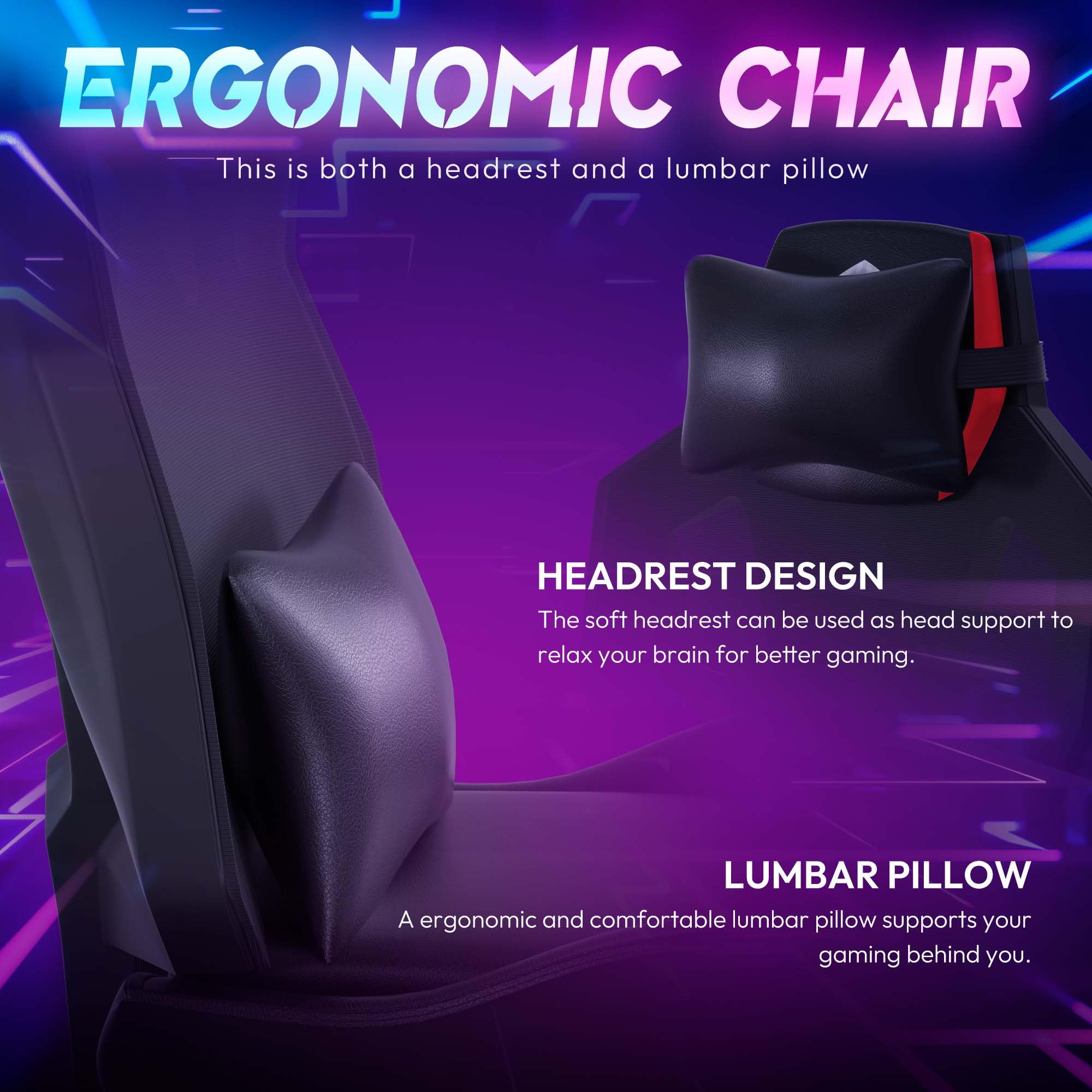 Dowinx RGB Gaming Chair with LED Lights - Ergonomic Computer Chair for Adults, Reclining Video Game Chair with Adjustable Lumbar Support & Headrest - Perfect for Gaming Setup, Office Work & Streaming (Black Red)